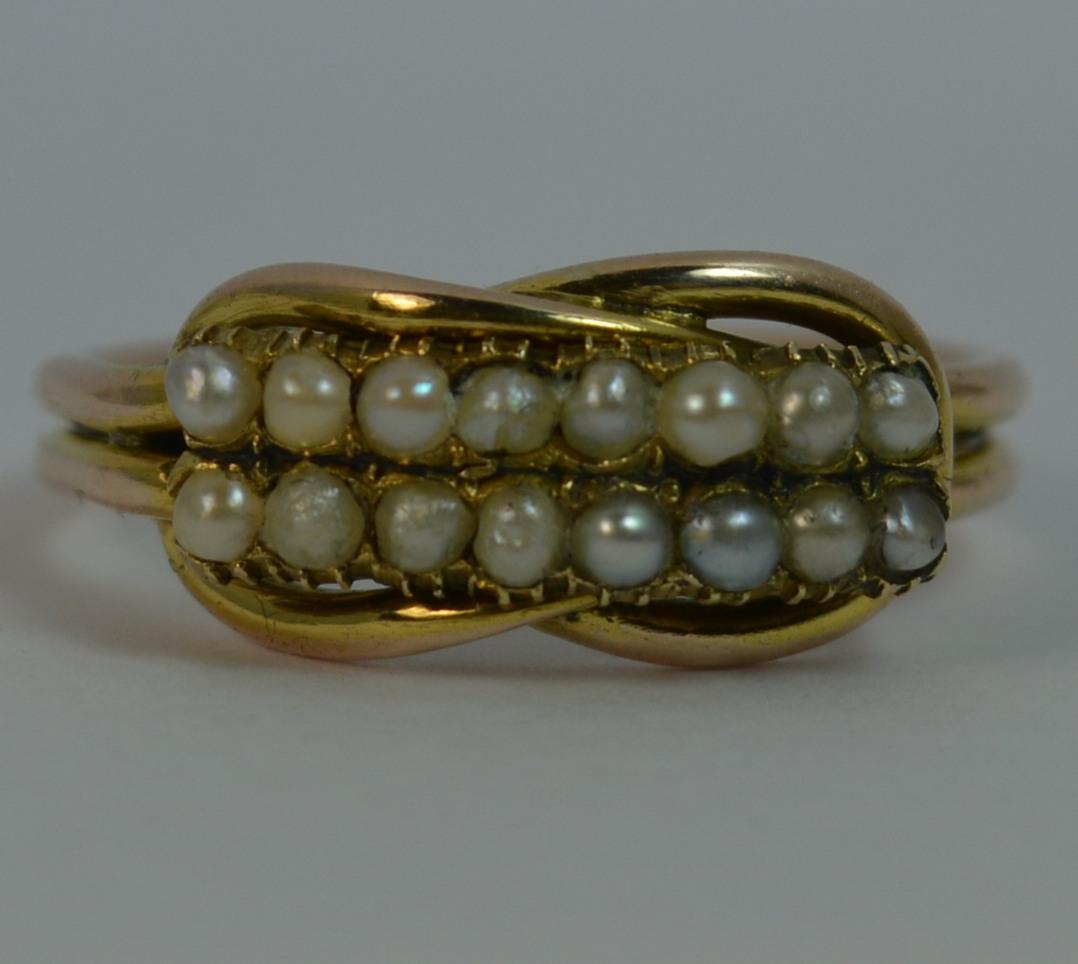 George III 9 Carat Gold Two-Row Pearl Half Eternity Stack Ring with Lovers Knot 10