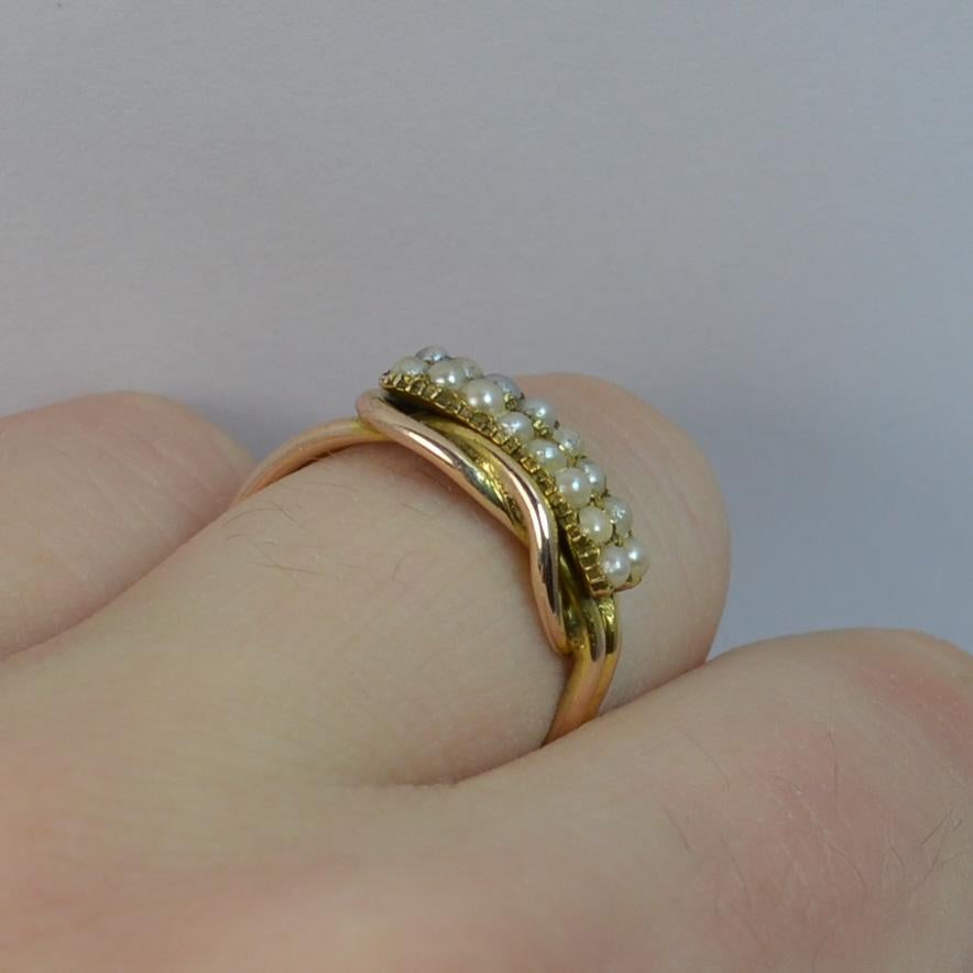 George III 9 Carat Gold Two-Row Pearl Half Eternity Stack Ring with Lovers Knot In Good Condition In St Helens, GB