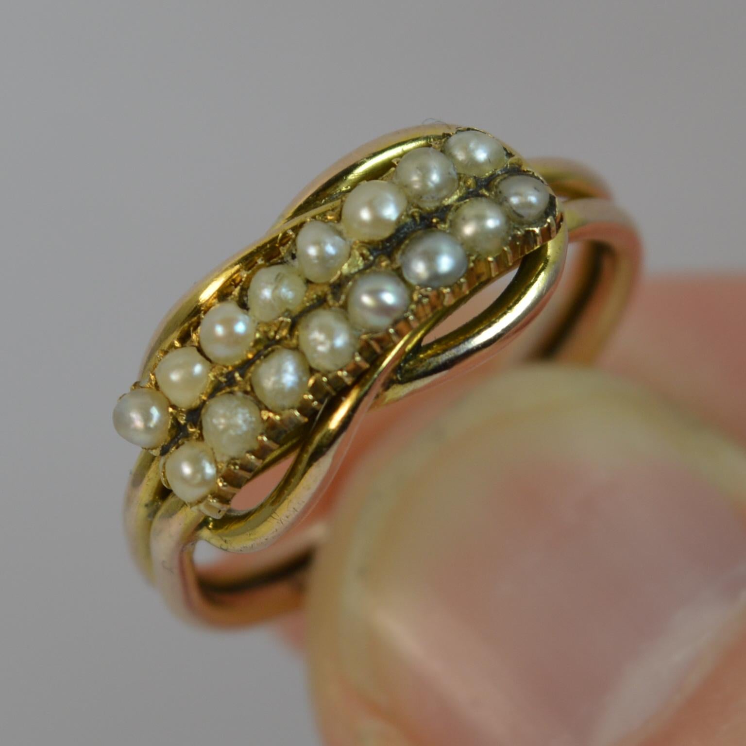 George III 9 Carat Gold Two-Row Pearl Half Eternity Stack Ring with Lovers Knot 2