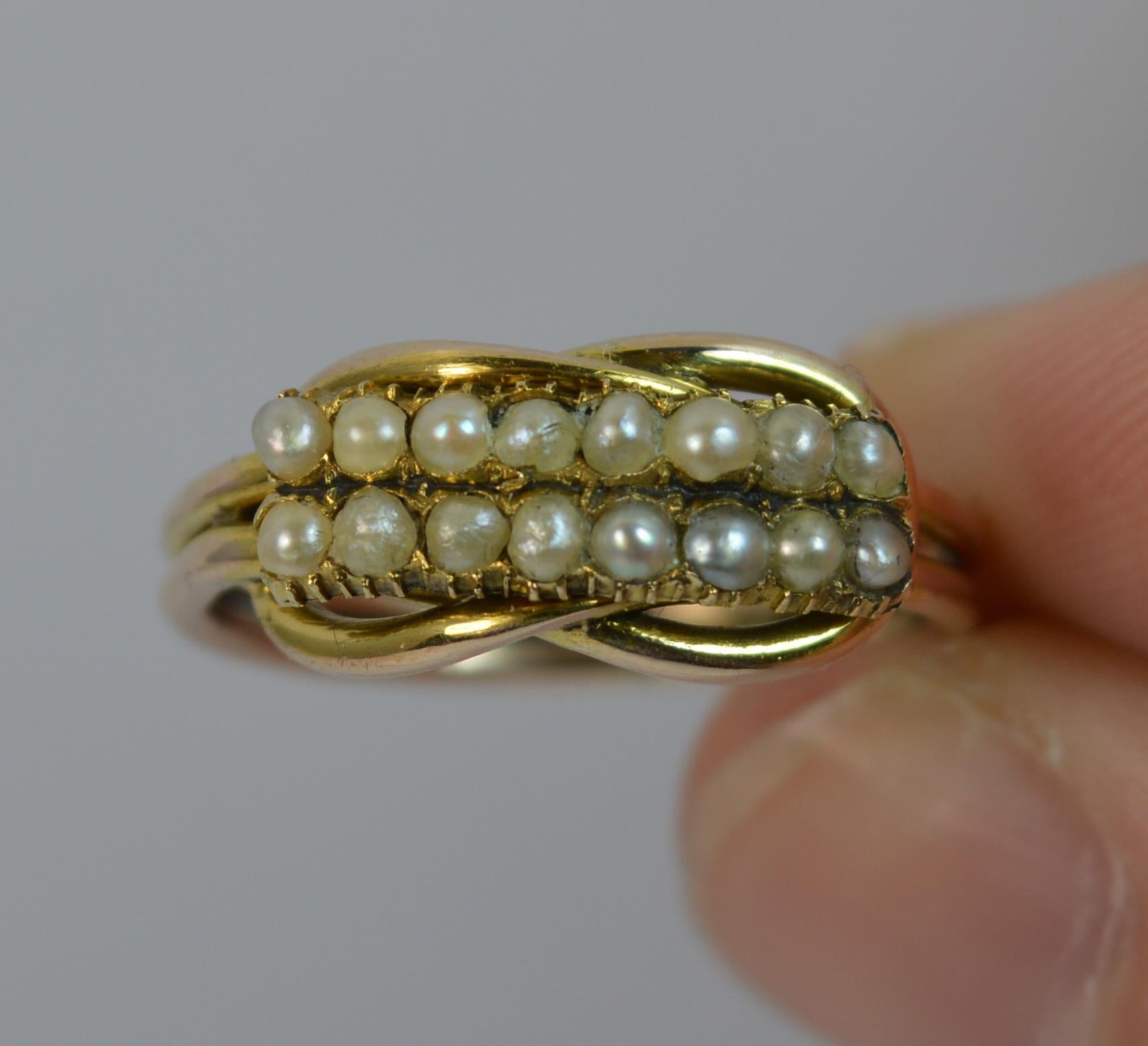 George III 9 Carat Gold Two-Row Pearl Half Eternity Stack Ring with Lovers Knot 3