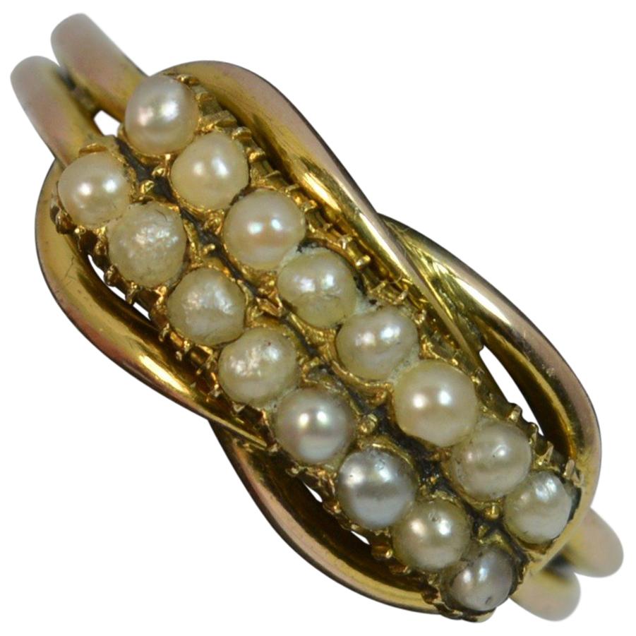 George III 9 Carat Gold Two-Row Pearl Half Eternity Stack Ring with Lovers Knot