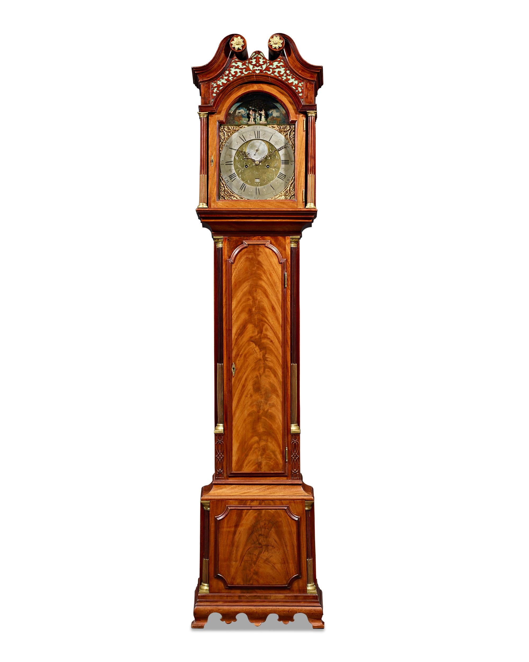 Diese bedeutende Standuhr des Londoner Uhrmachers James Fenton ist ein majestätisches Beispiel für englische Uhrmacherkunst und zeigt über dem Zifferblatt einen außergewöhnlichen Adam-und-Eva-Automaten. Standuhren, die die Mechanik einer Uhr mit der