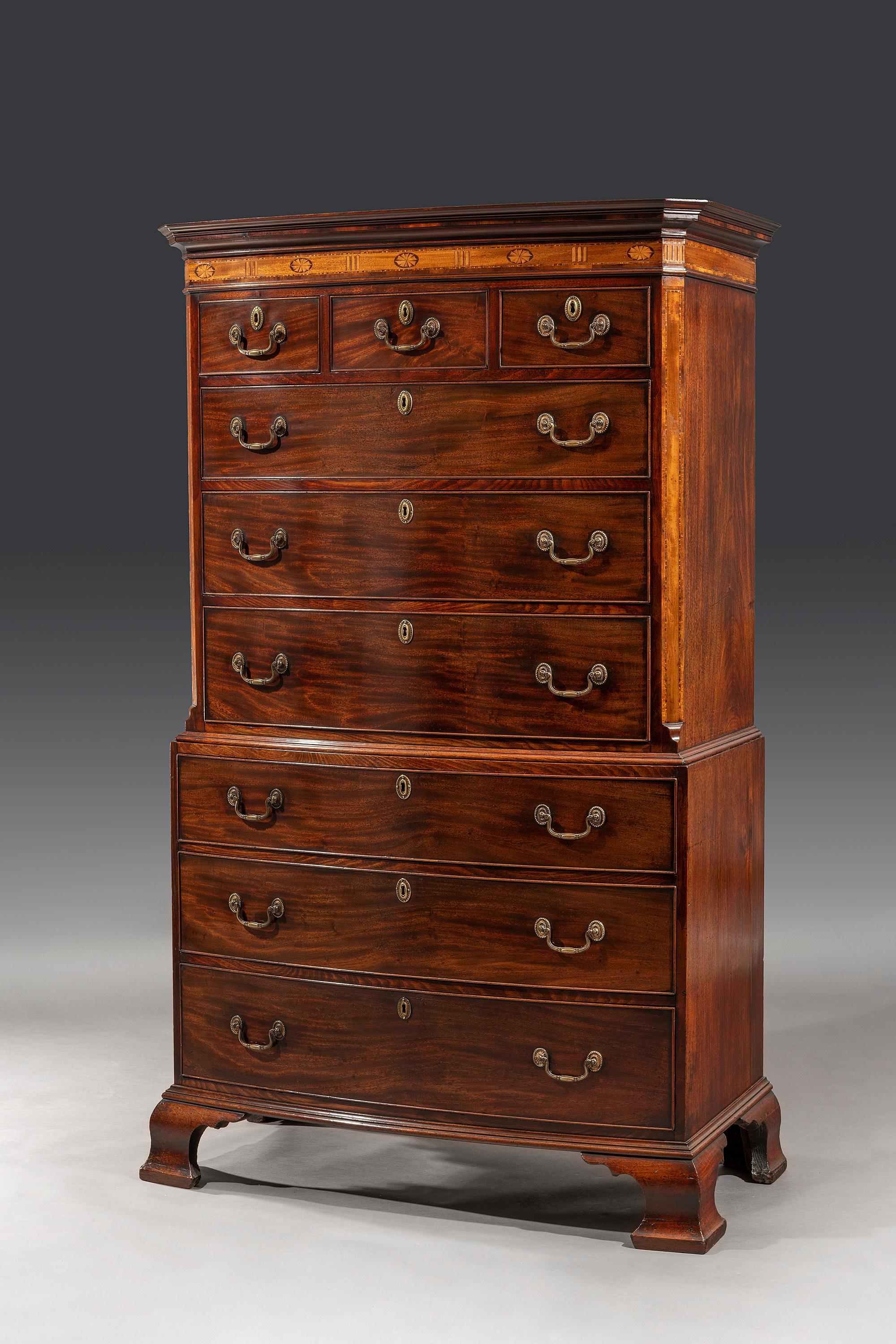 British George III Adam Period 18th Century Bow-Fronted Inlaid Chest on Chest For Sale