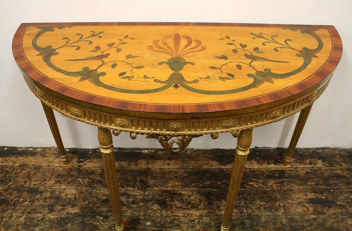 George III Adams Style Satinwood, Rosewood and Kingwood Inlaid Demilune Table For Sale 1