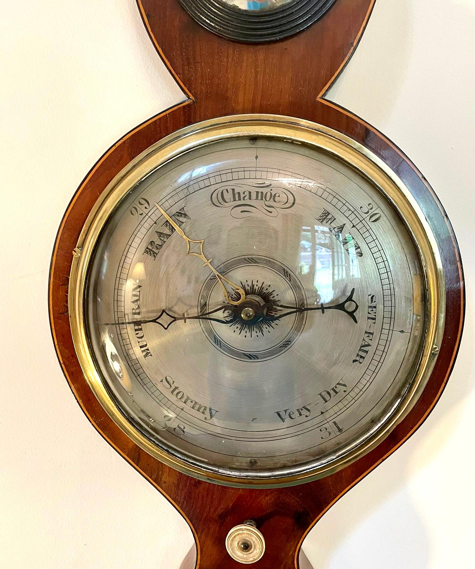 George III antique mahogany banjo barometer having a quality mahogany case with a swan neck pediment and satinwood stringing with nine inch silvered engraved dial, original hands and thermometer, fitted hygrometer, circular mirror, glass fronted