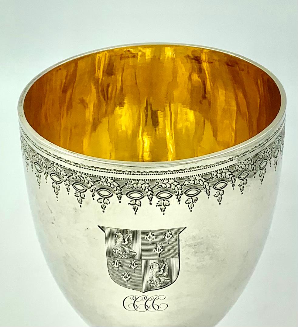Historically interesting, superb large Armorial 18th century English sterling silver chalice/goblet by John Emes, 1799.
The base engraved Georgius D'Oyly 1799 Eloquentiae Vraemium. This fine large chalice was created for George D'Oyly FBA,