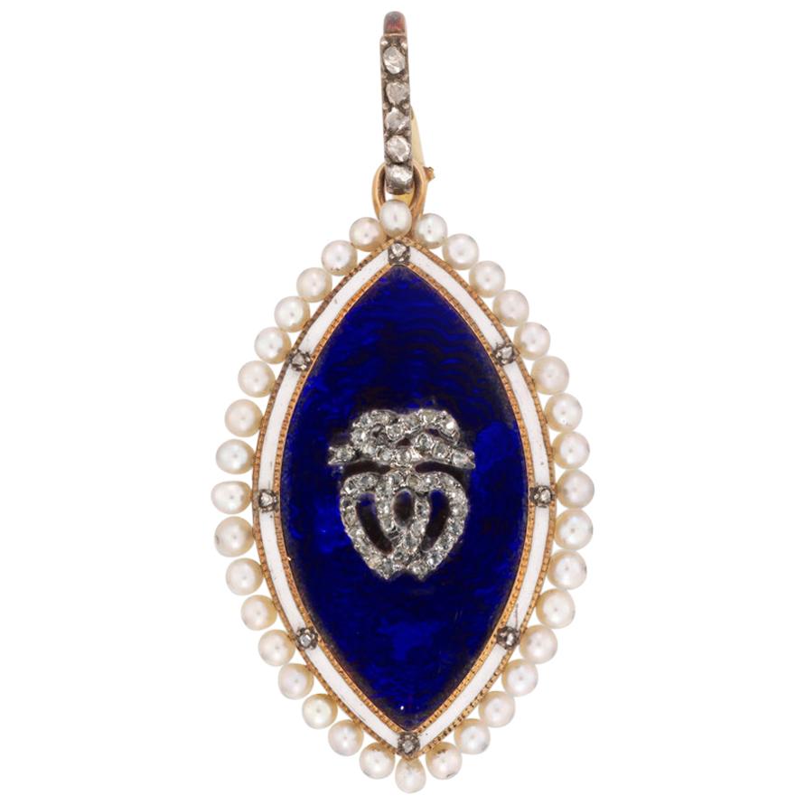 George III Blue Enamel, Pearl and Diamond Pendant For Sale