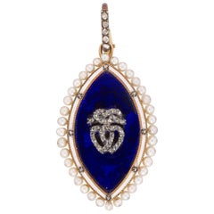 George III Blue Enamel, Pearl and Diamond Pendant
