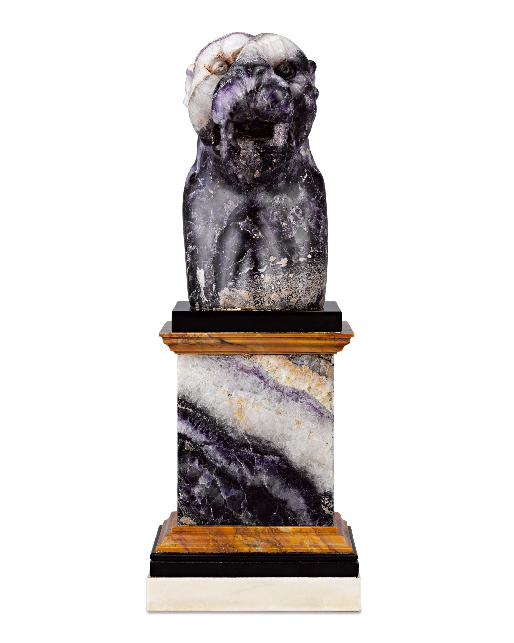 One of the only known sculptures rendered in Blue John to exist in the world, this extraordinary George III panther exemplifies Georgian sophistication. Georgian — and later Regency — aesthetics revived classical themes of the ancient Mediterranean