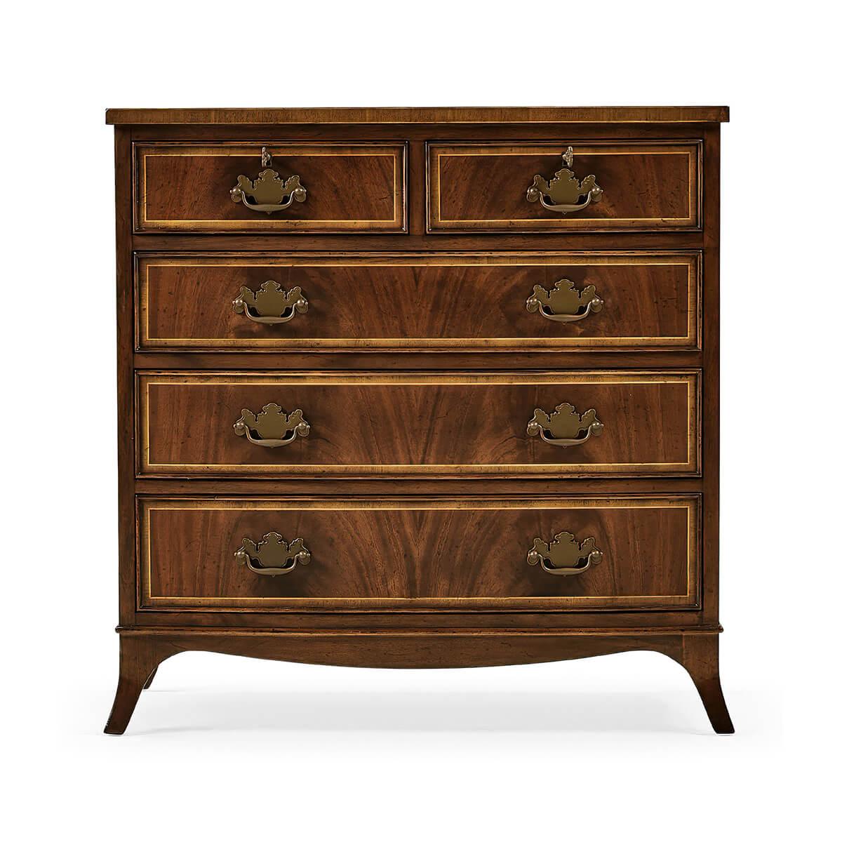 Classic Georgian style mahogany and crossbanded small chest of drawers ideal as a bedside chest, with oak secondary woods, light antique distress on the two short and three graduated long drawers. All set on splayed tapering legs. The original of