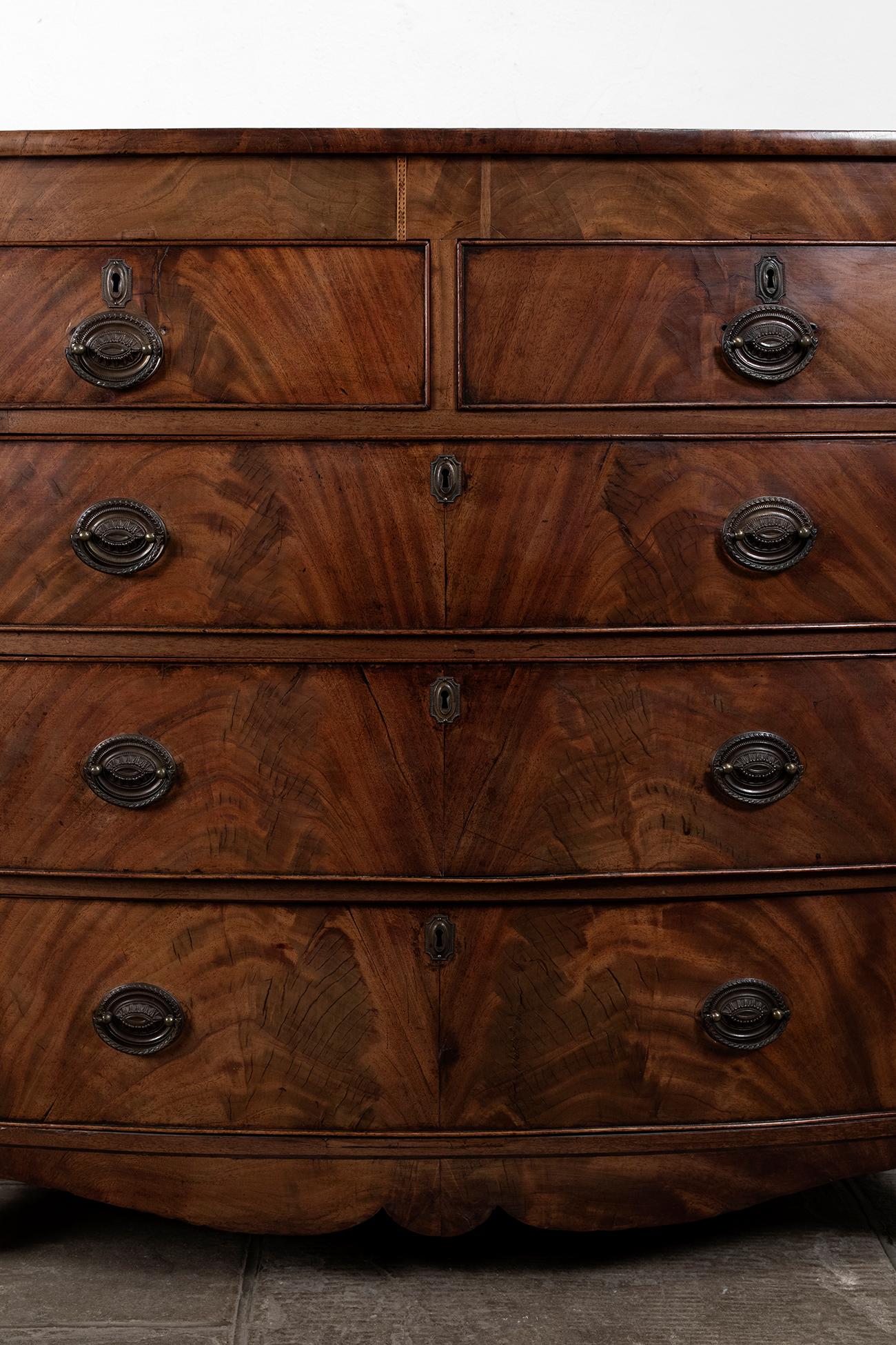 George III Bow Fronted Flame Mahogany Chest, circa 1790 In Good Condition In Faversham, GB