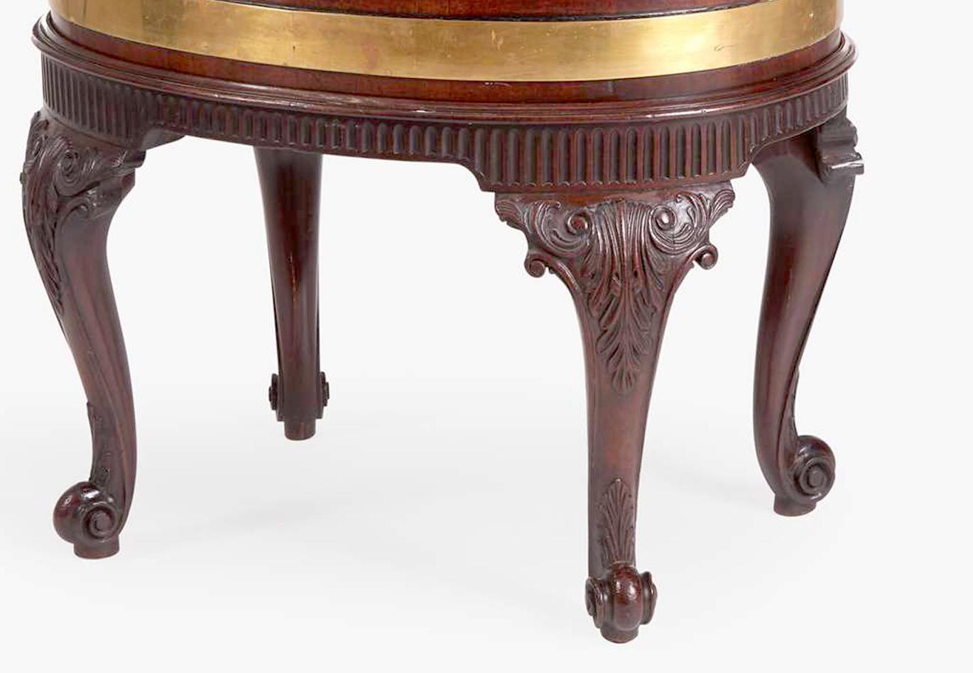 English George III Brass Bound Mahogany Cellaret with Liner on Beautifully Carved Stand For Sale