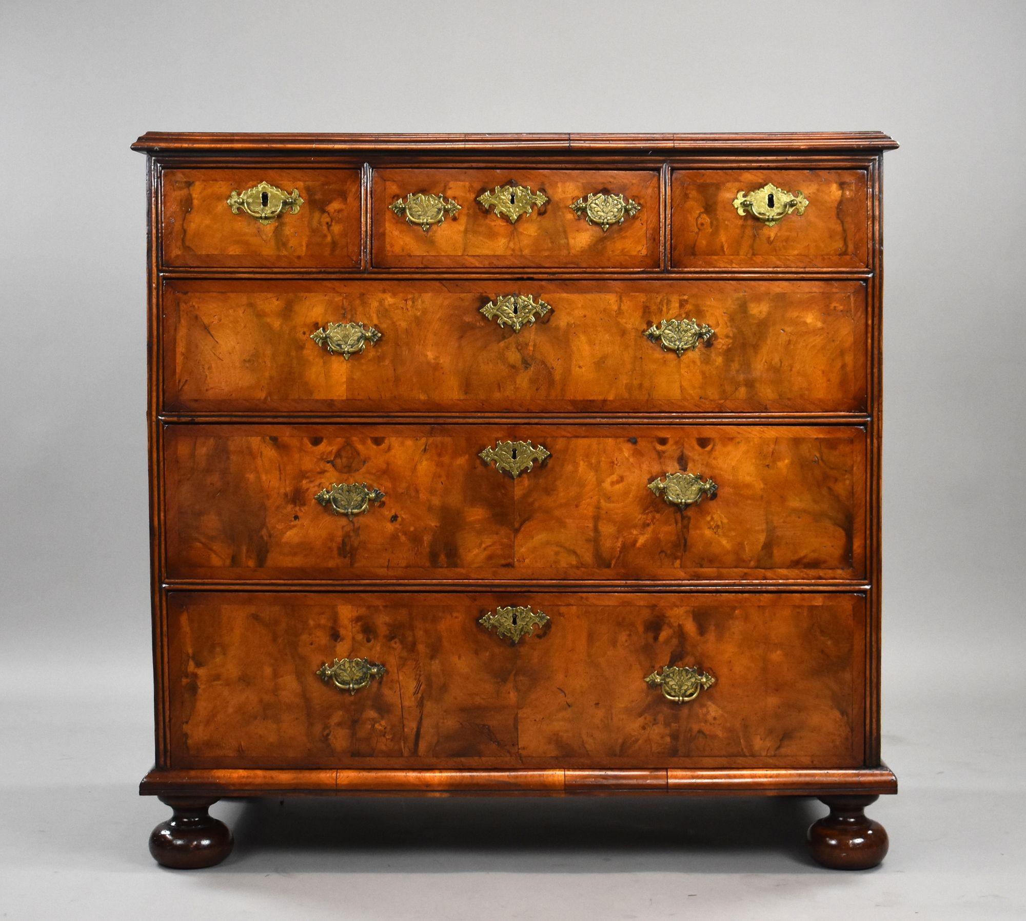 George III Walnut Chest of Drawers
Item Code: S27-1102
A fine George III period walnut chest of drawers of superb colour and quality. The top features beautifully figured quarter-veneered walnut with a crossbanded border, above an arrangement of