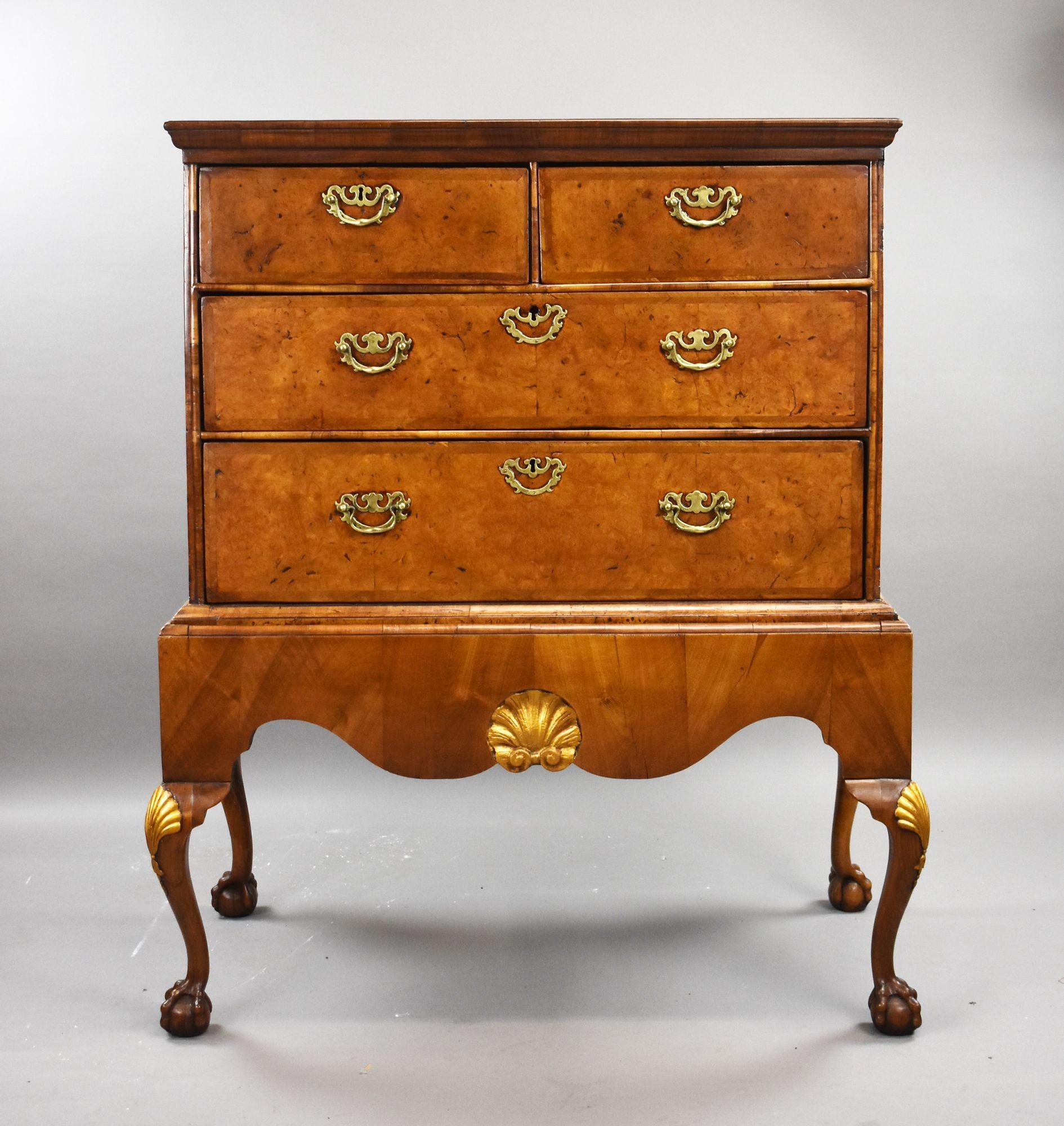 George III Burr Walnut Chest on Later Stand
Item Code: S27-1085
A fine George III burr walnut chest, beautifully figured and retaining excellent colour and patination, mounted on a later walnut stand. The chest offers two short drawers over three