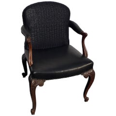 George III Carved Mahogany Fauteuil in Black Leather with NailHead Detailing