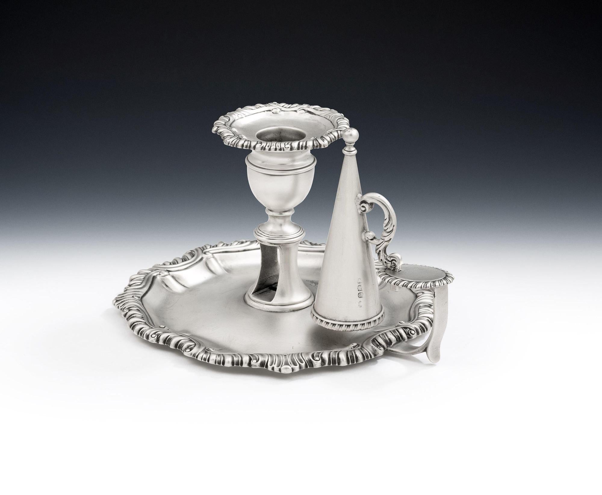 A very fine George III Chamber Candlestick made in London in 1816 by Rebecca Emes & Edward Barnard.

The Chamberstick displays a shaped circular base, with a raised, pleated, border decorated with gadrooning and scrolls. The central shaft is