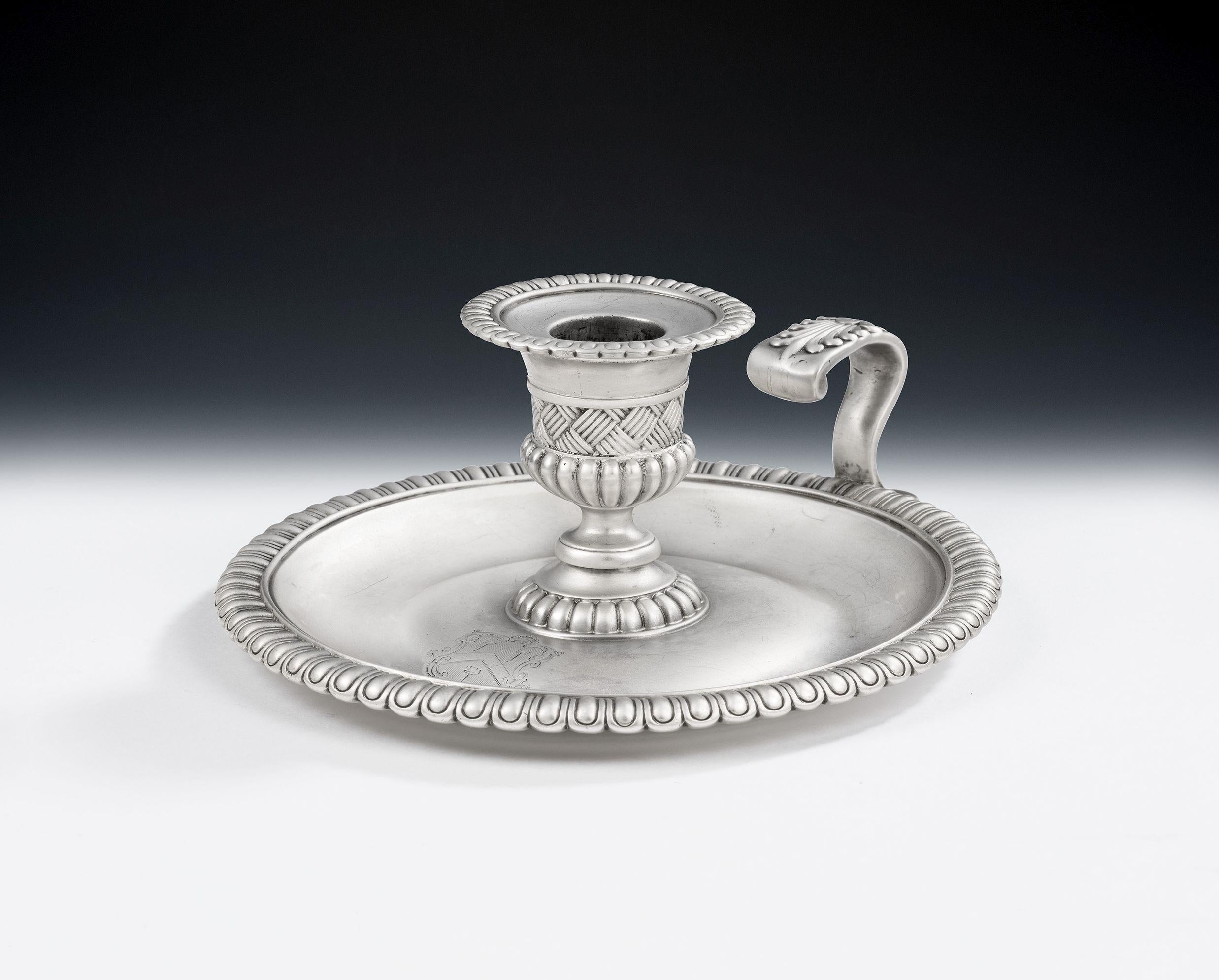 An extremely rare George III Chamberstick made in London in 1815 by Paul Storr.

The Chamberstick is circular in form with a raised outer rim decorated with lobing. The base rises to a baluster shaped section decorated with lobing and reeding and a