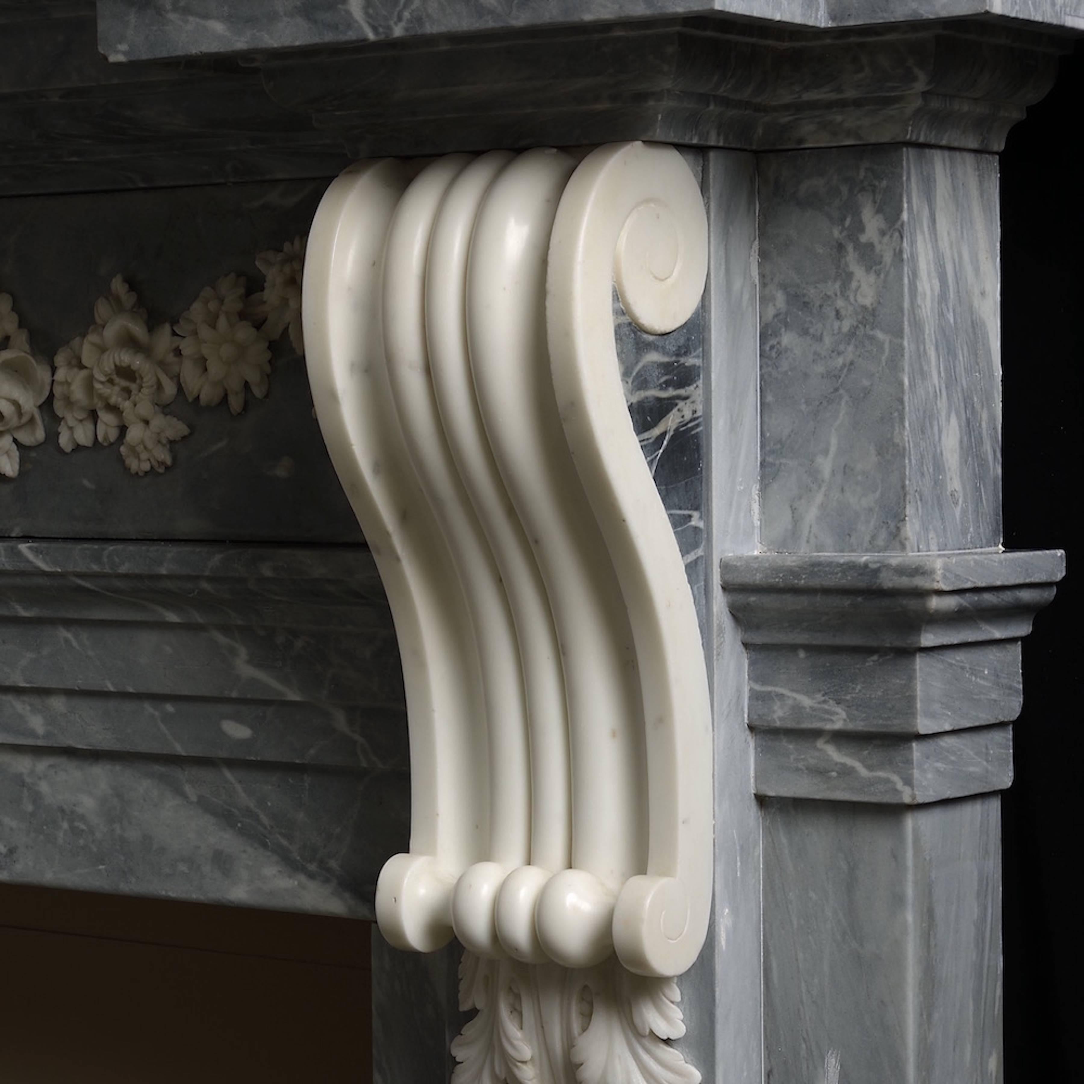 An important George III dove-grey and statuary marble chimneypiece, designed by James Paine, circa 1765.

Provenance:
Axwell Park, County Durham.

Axwell Park was built for Sir Thomas Clavering (1719-1794) to the designs of the great