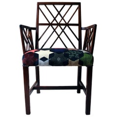 George III Chinese Chippendale Mahogany 
Velvet Upholstered Cockpen Armchair