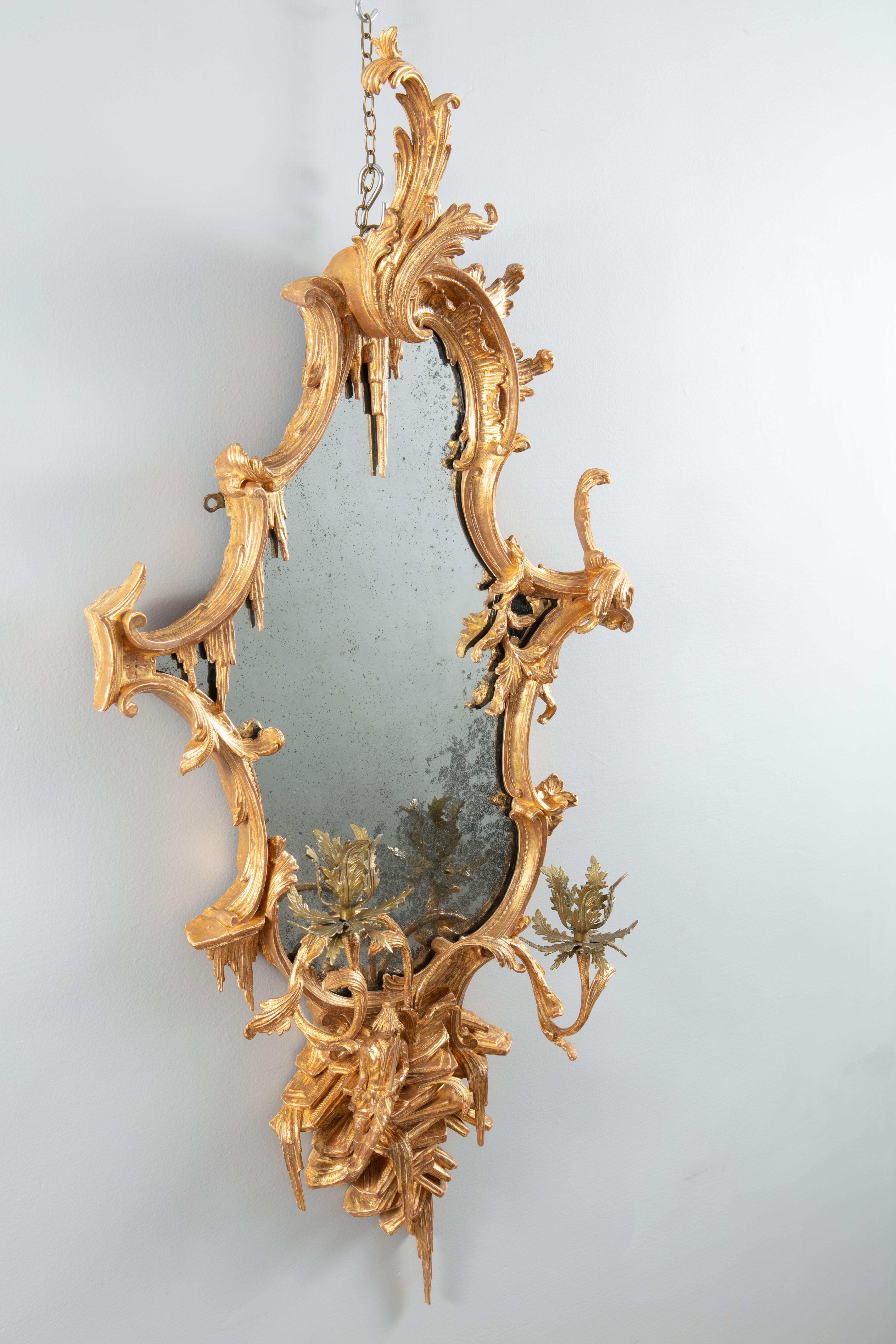 George III Chinese Chippendale Rococo Giltwood Girandole Mirror For Sale 1