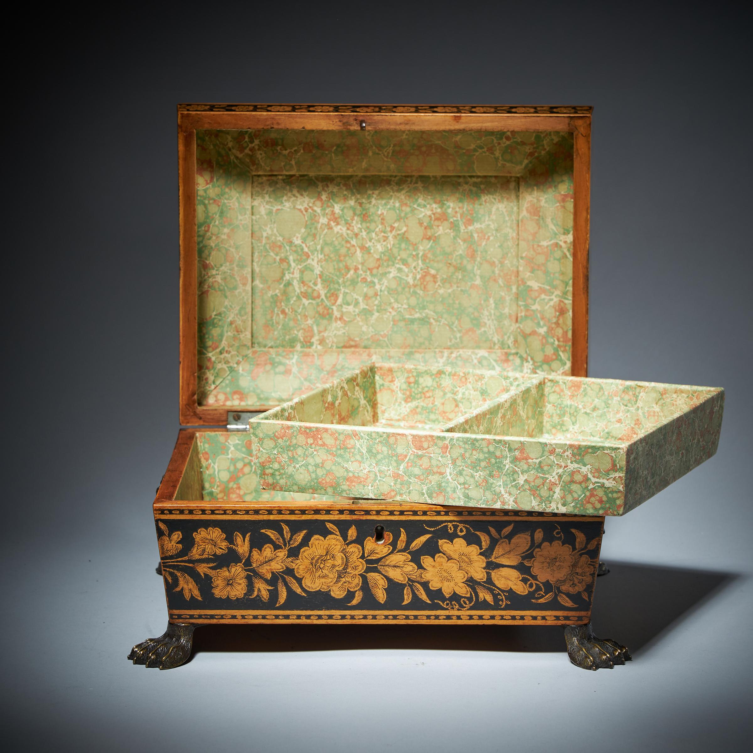 George III Chinoiserie Brass Mounted Penwork Jewellery Box, Signed E.F 1816 For Sale 5