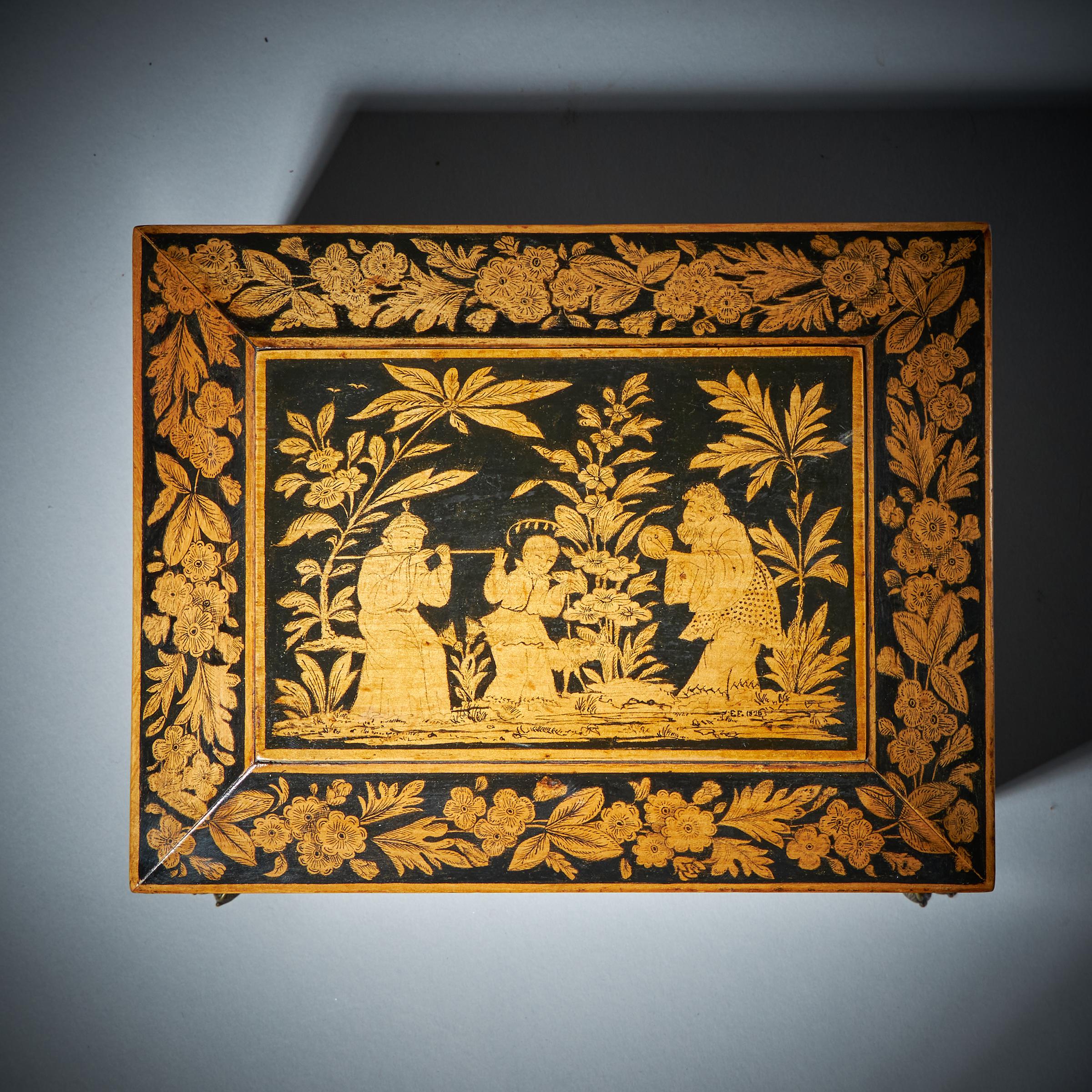 George III Chinoiserie Brass Mounted Penwork Jewellery Box, Signed E.F 1816 For Sale 7