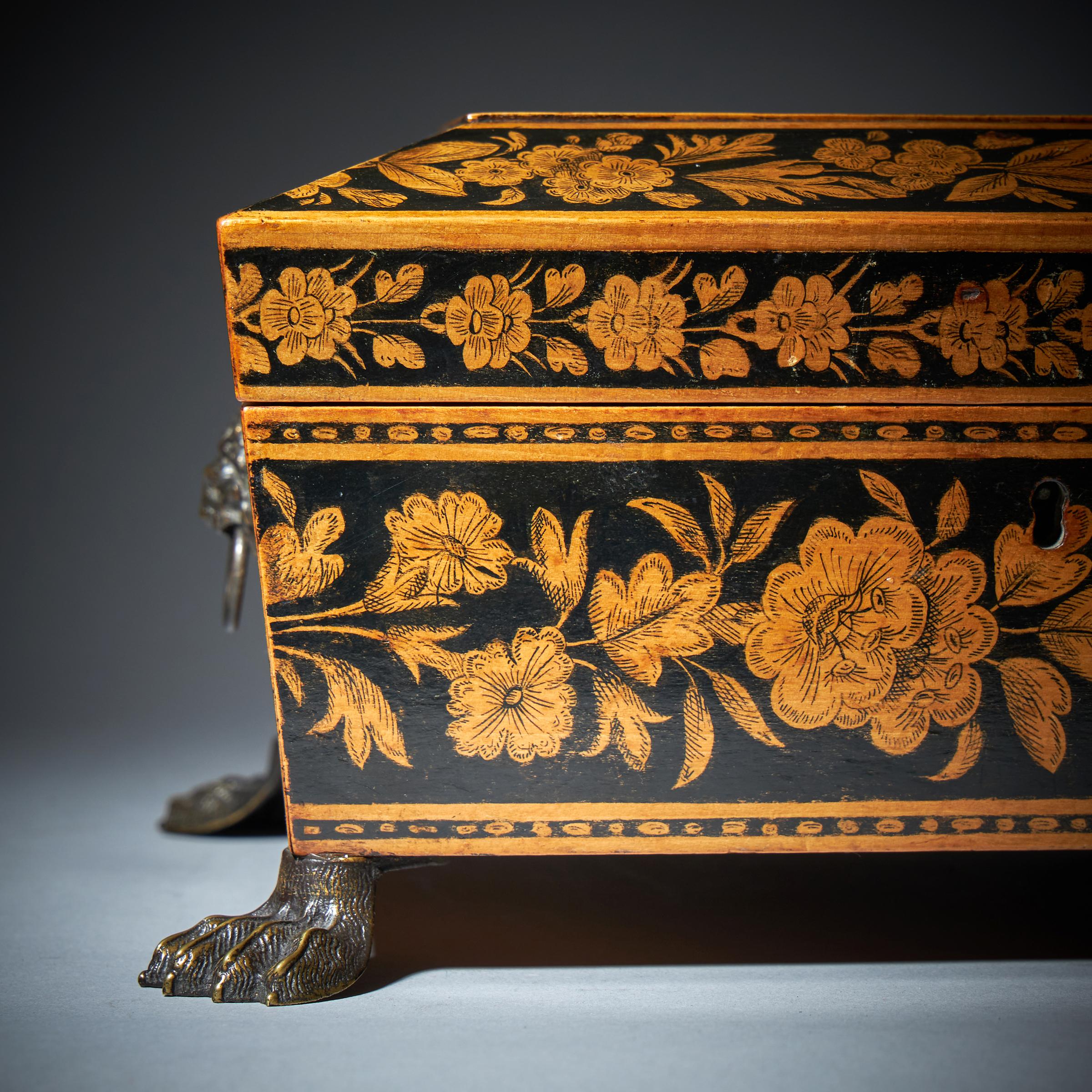 George III Chinoiserie Brass Mounted Penwork Jewellery Box, Signed E.F 1816 For Sale 8