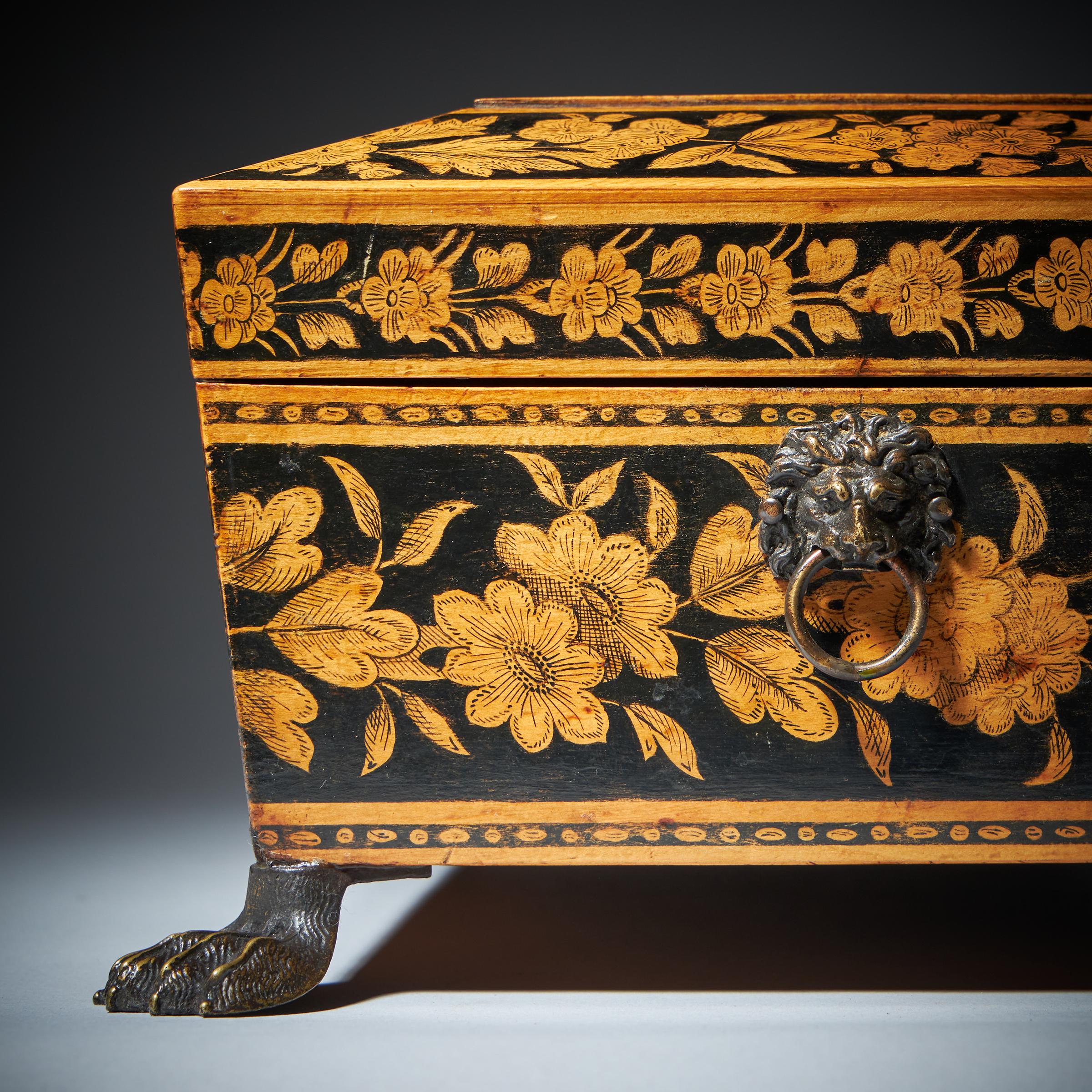 George III Chinoiserie Brass Mounted Penwork Jewellery Box, Signed E.F 1816 For Sale 9