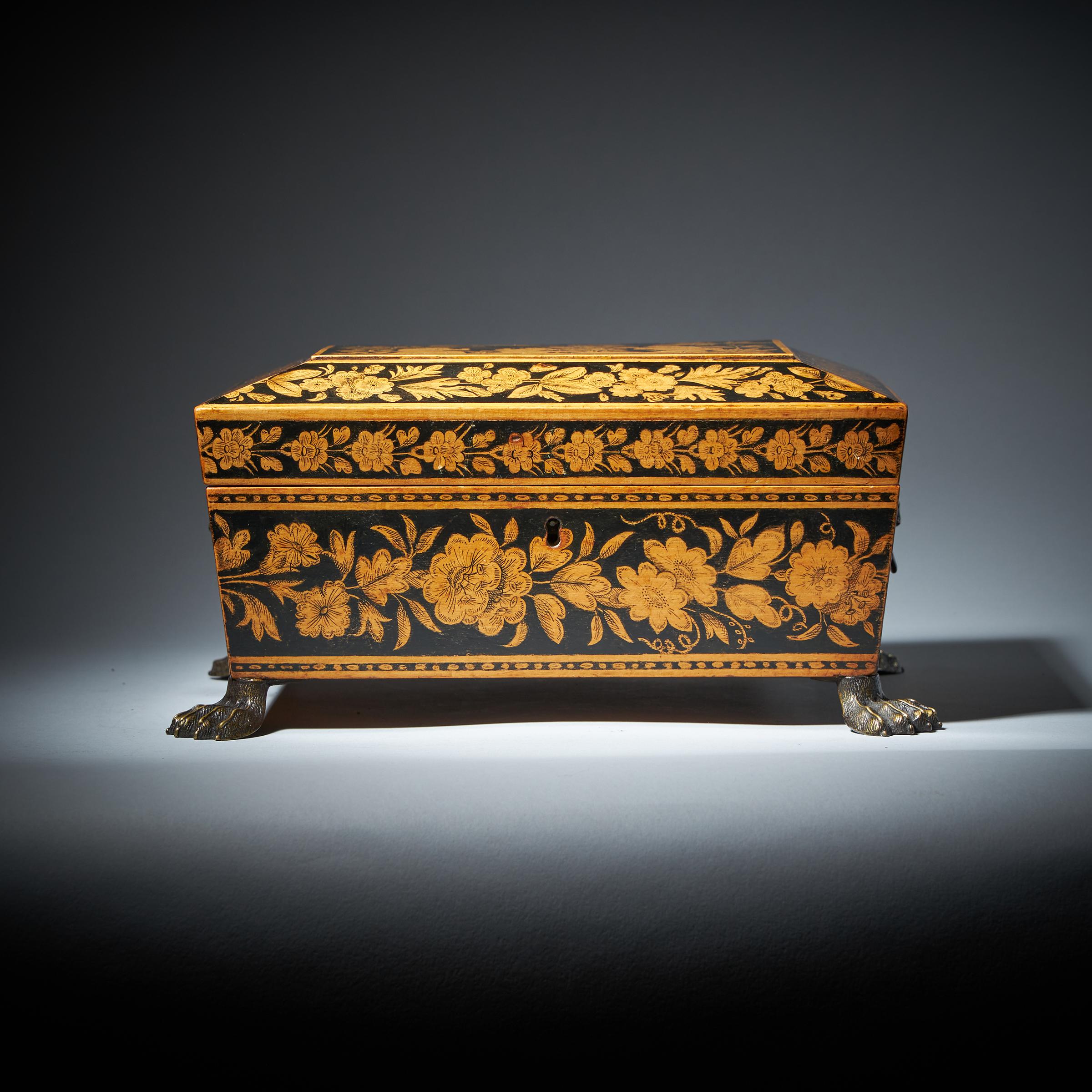 English George III Chinoiserie Brass Mounted Penwork Jewellery Box, Signed E.F 1816 For Sale