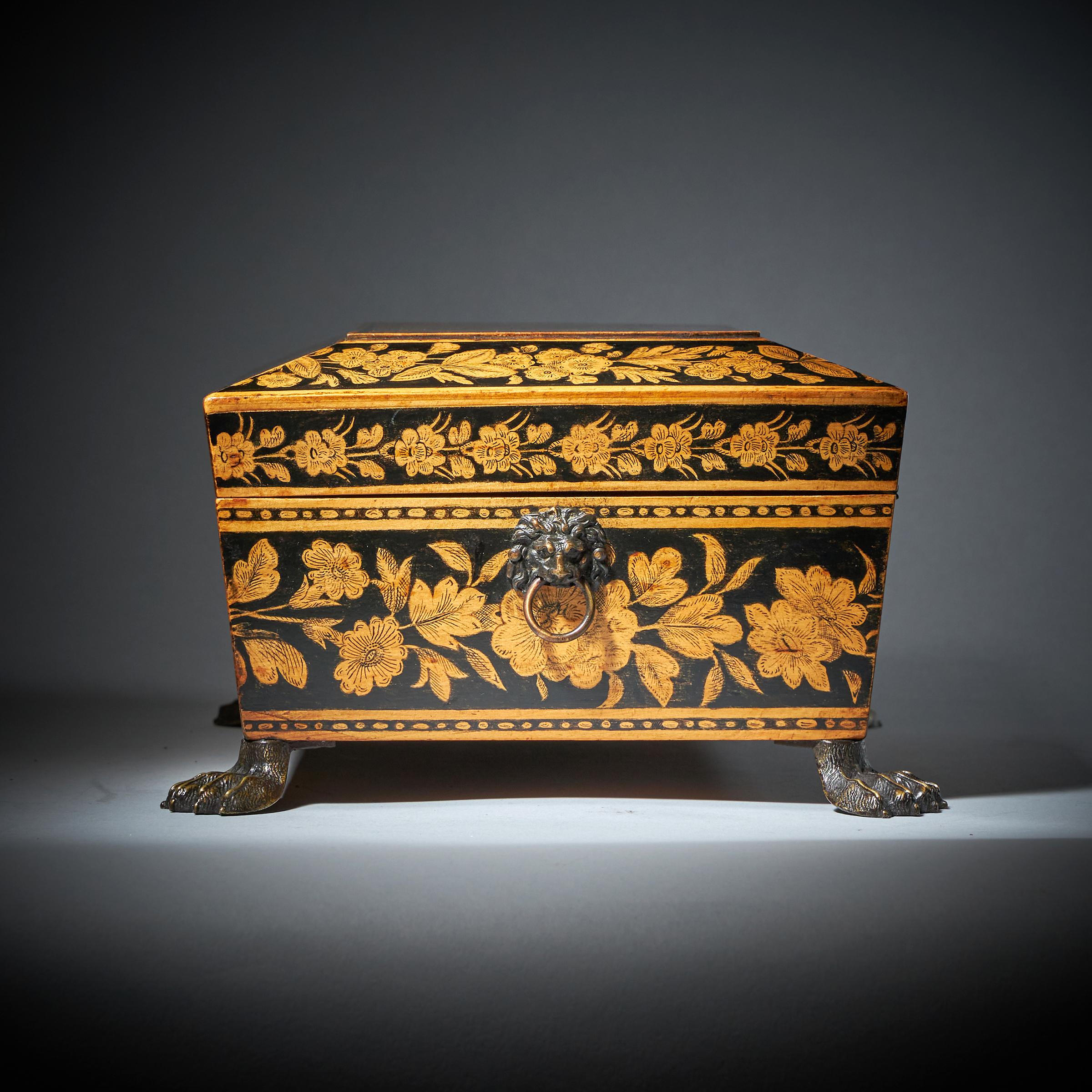 19th Century George III Chinoiserie Brass Mounted Penwork Jewellery Box, Signed E.F 1816 For Sale