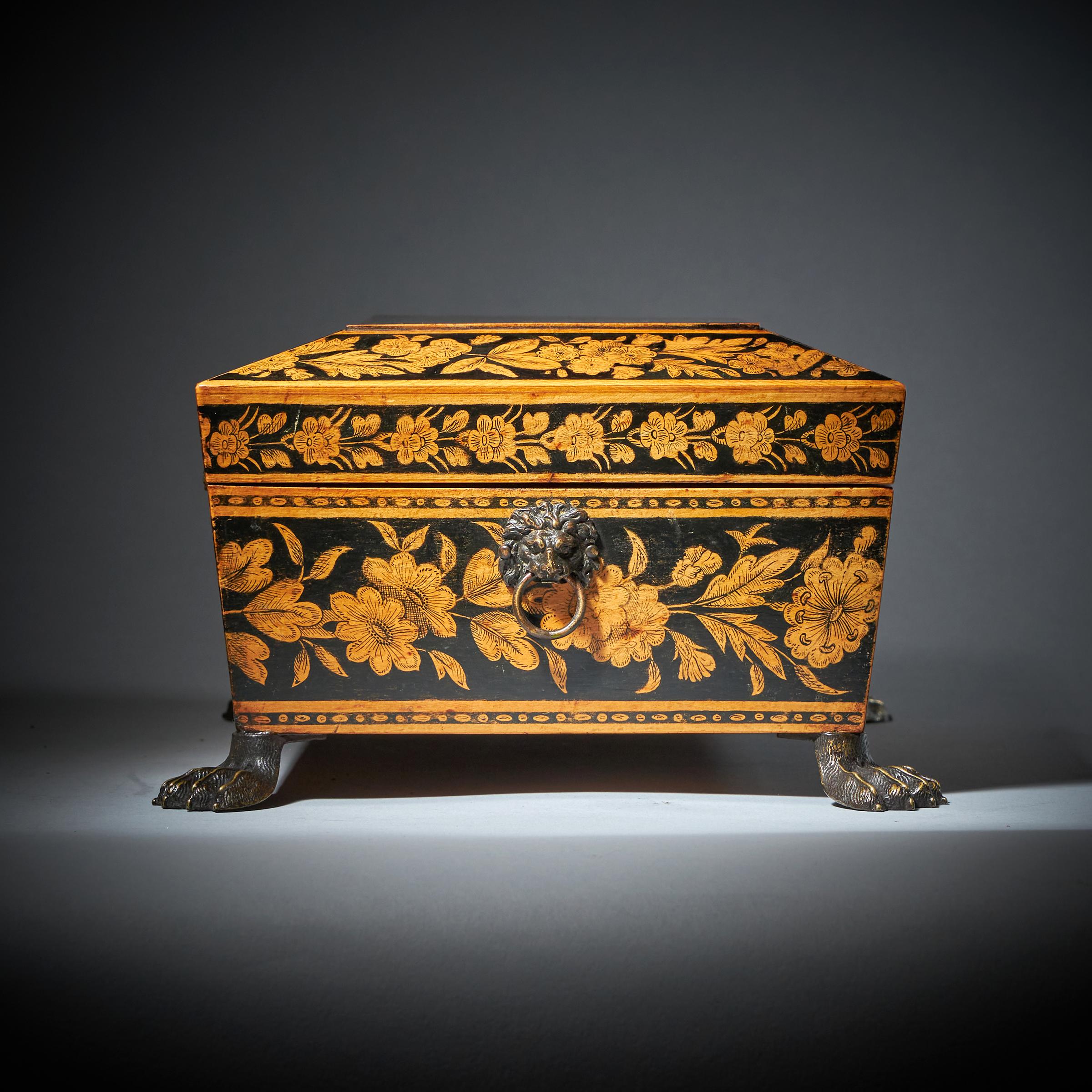 George III Chinoiserie Brass Mounted Penwork Jewellery Box, Signed E.F 1816 For Sale 2