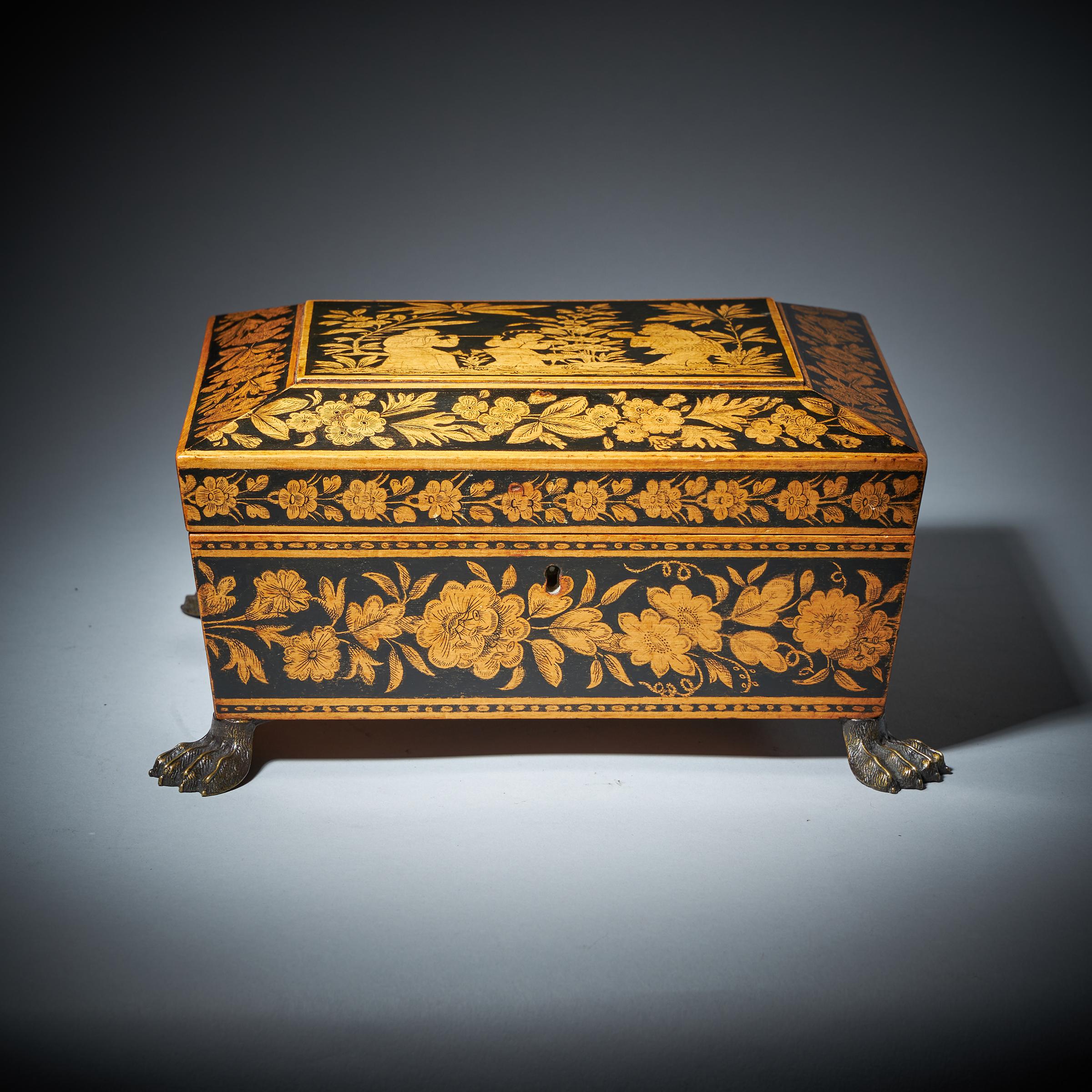 George III Chinoiserie Brass Mounted Penwork Jewellery Box, Signed E.F 1816 For Sale 3