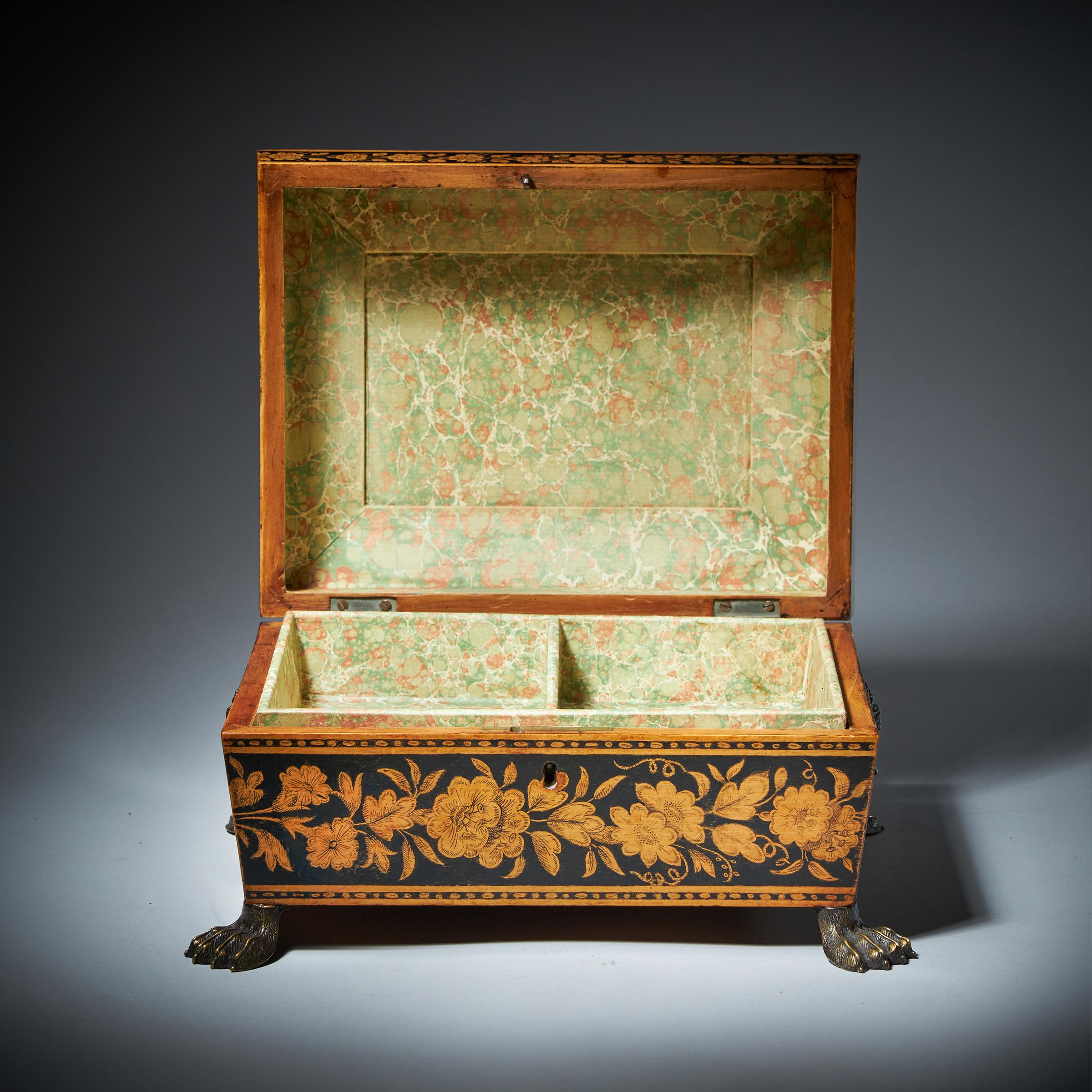 George III Chinoiserie Brass Mounted Penwork Jewellery Box, Signed E.F 1816 For Sale 4