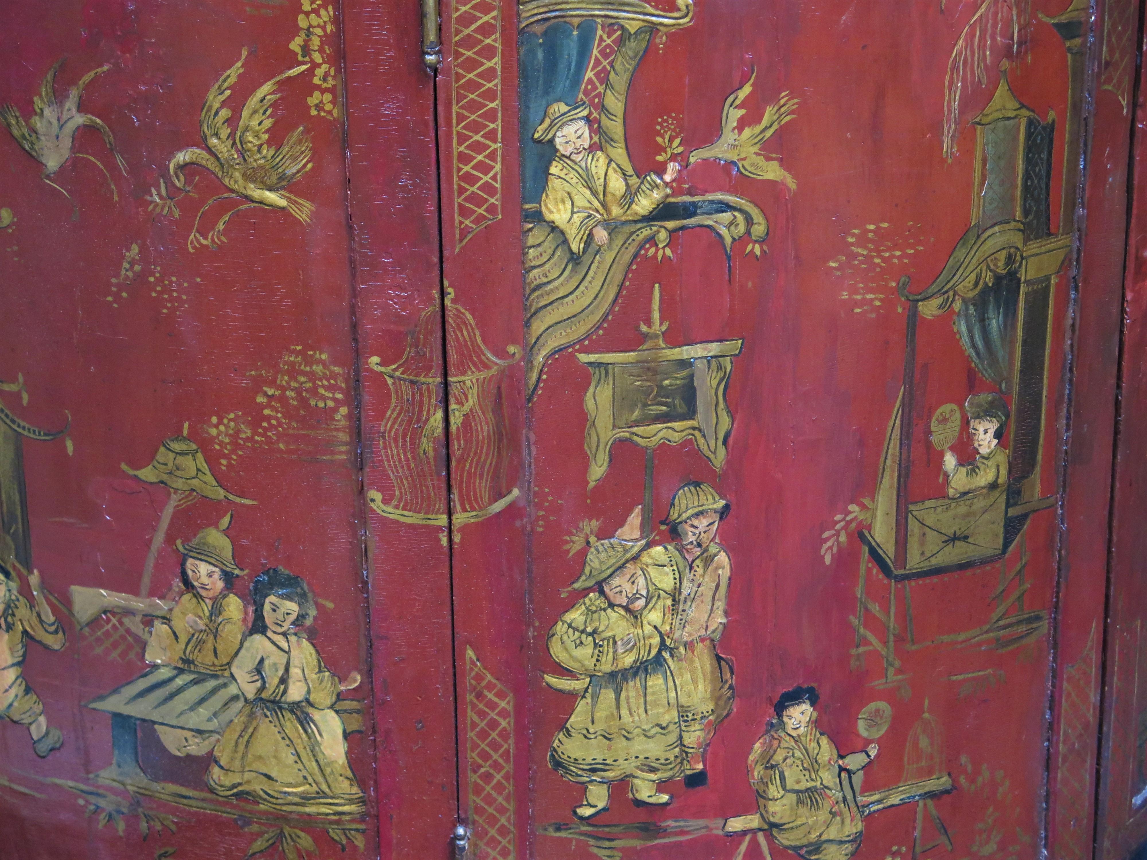 George III Chinoiserie Red Laquered Demilune Cabinet For Sale 3