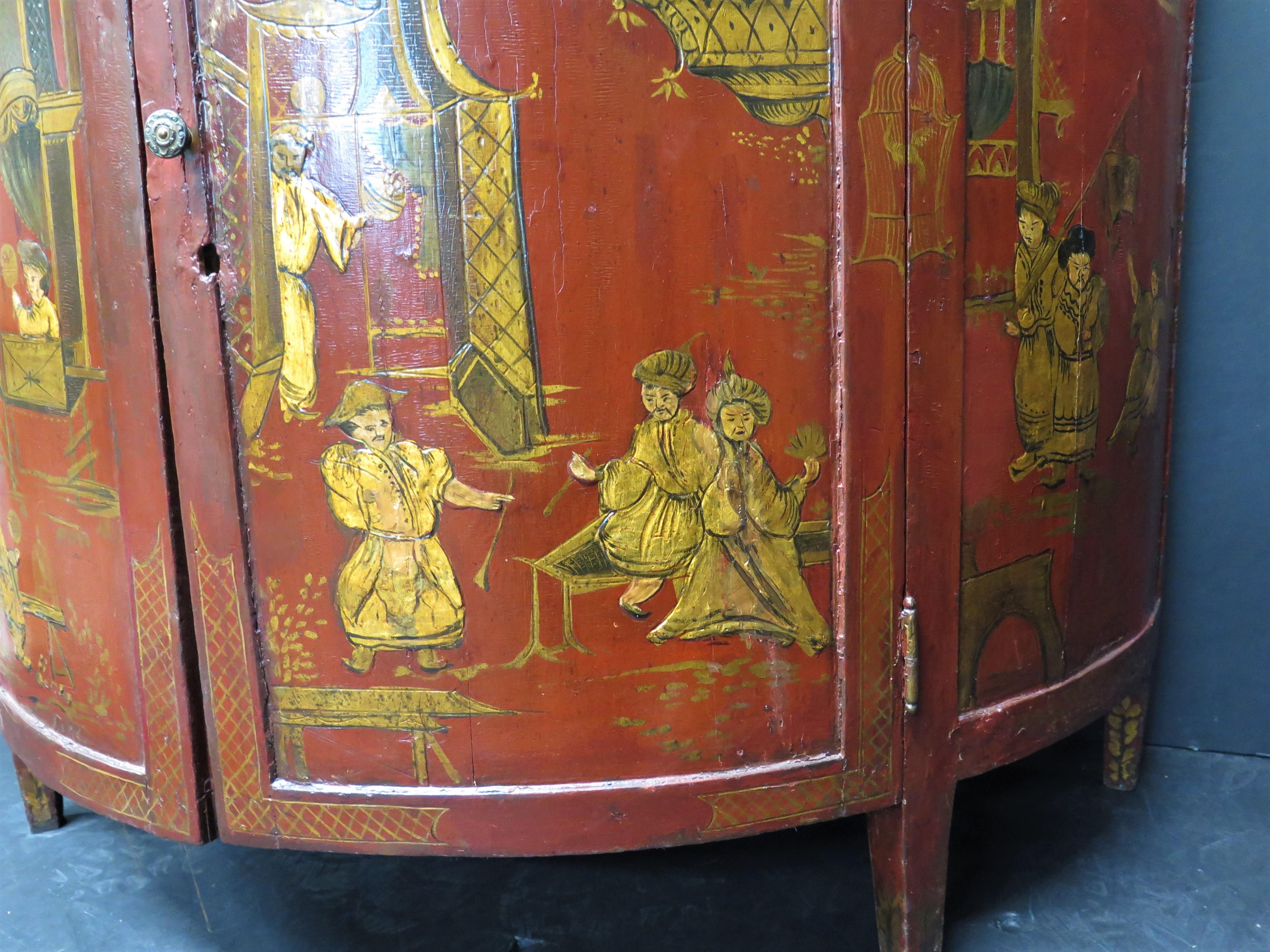 George III Chinoiserie Red Laquered Demilune Cabinet For Sale 4