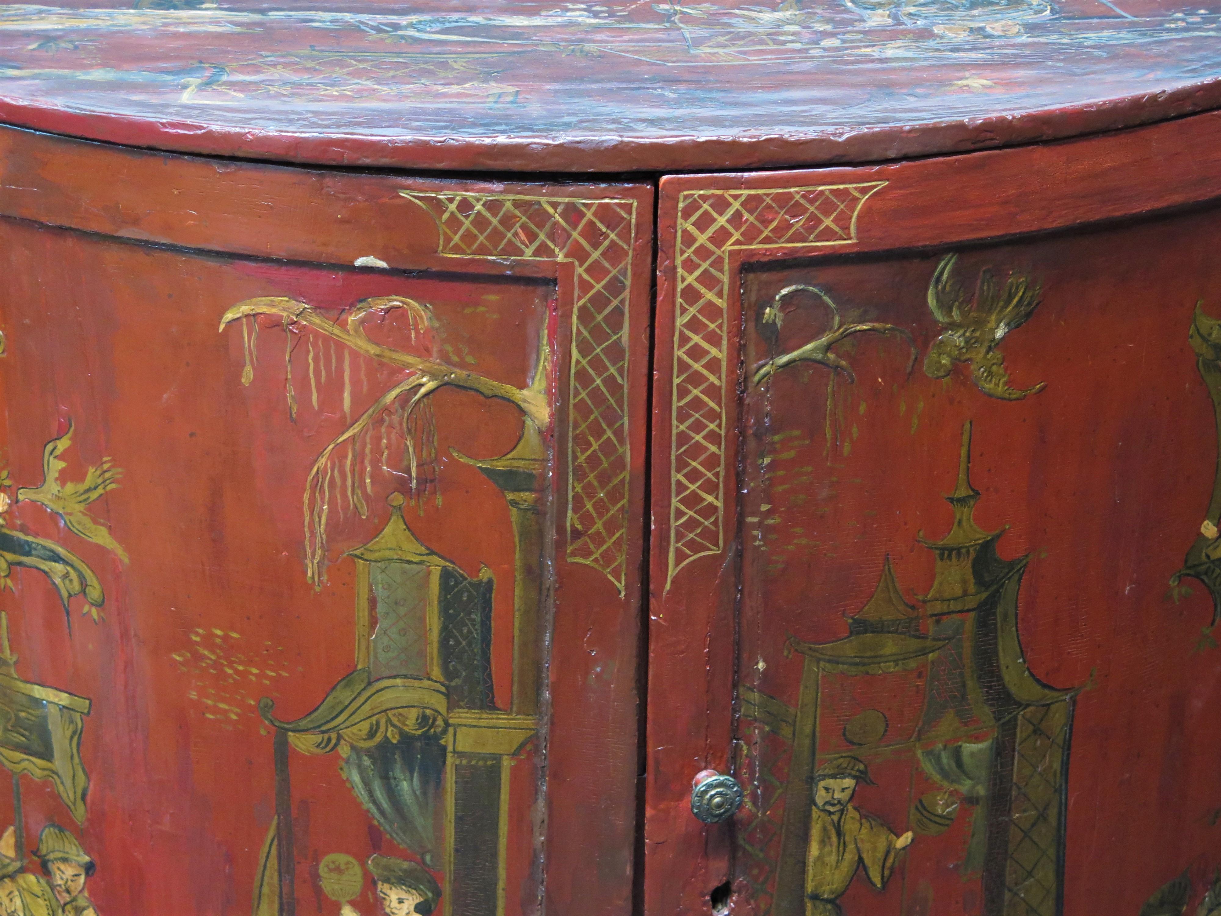 George III Chinoiserie Red Laquered Demilune Cabinet For Sale 5