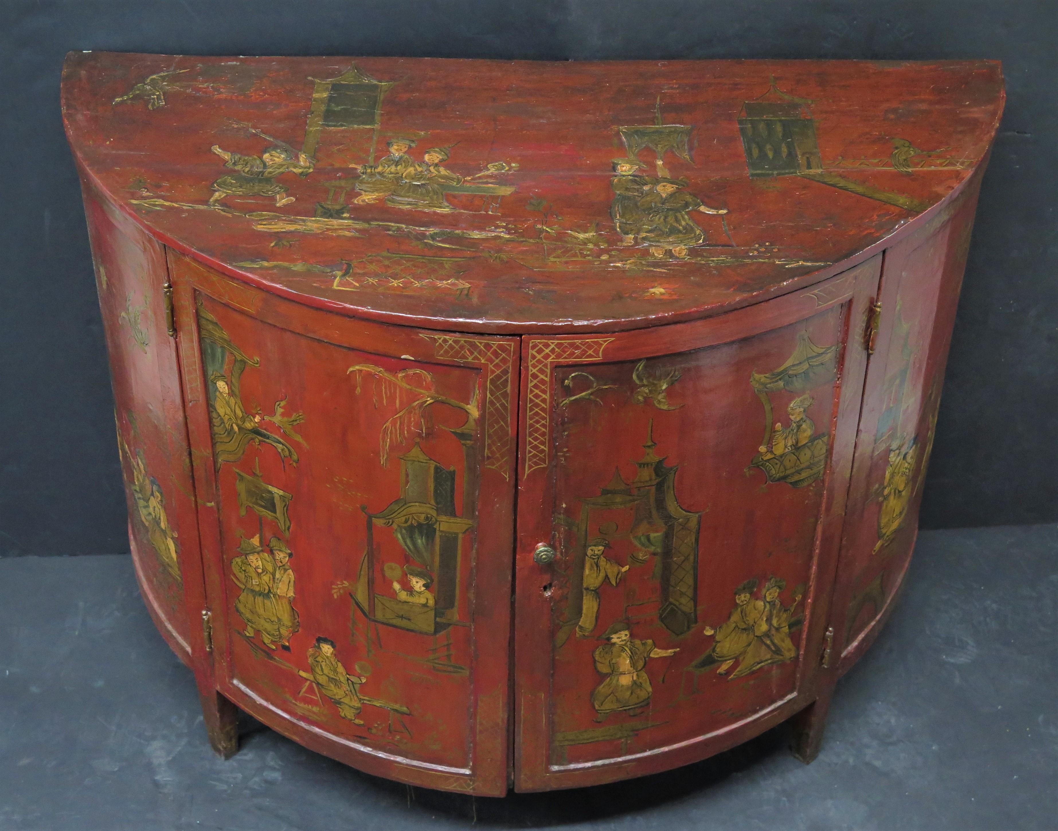 George III Chinoiserie Red Laquered Demilune Cabinet For Sale 12