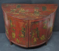 George III Chinoiserie Red Laquered Demilune Cabinet