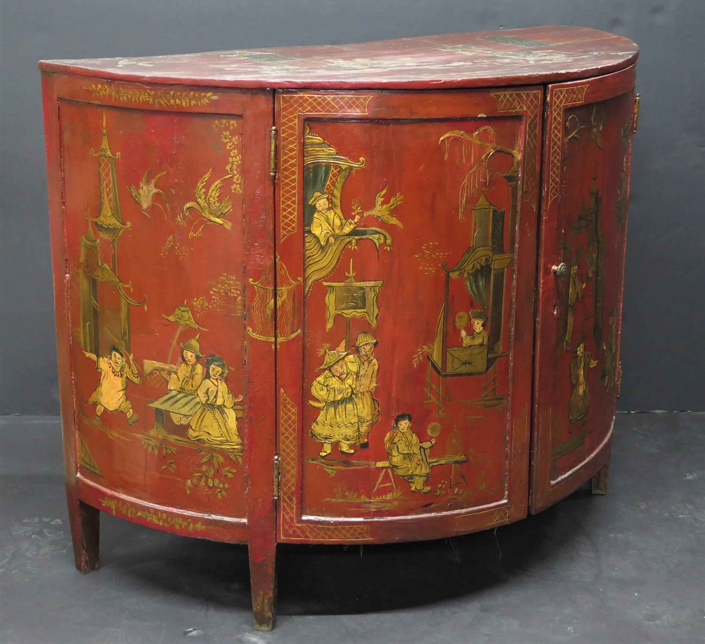 English George III Chinoiserie Red Laquered Demilune Cabinet For Sale