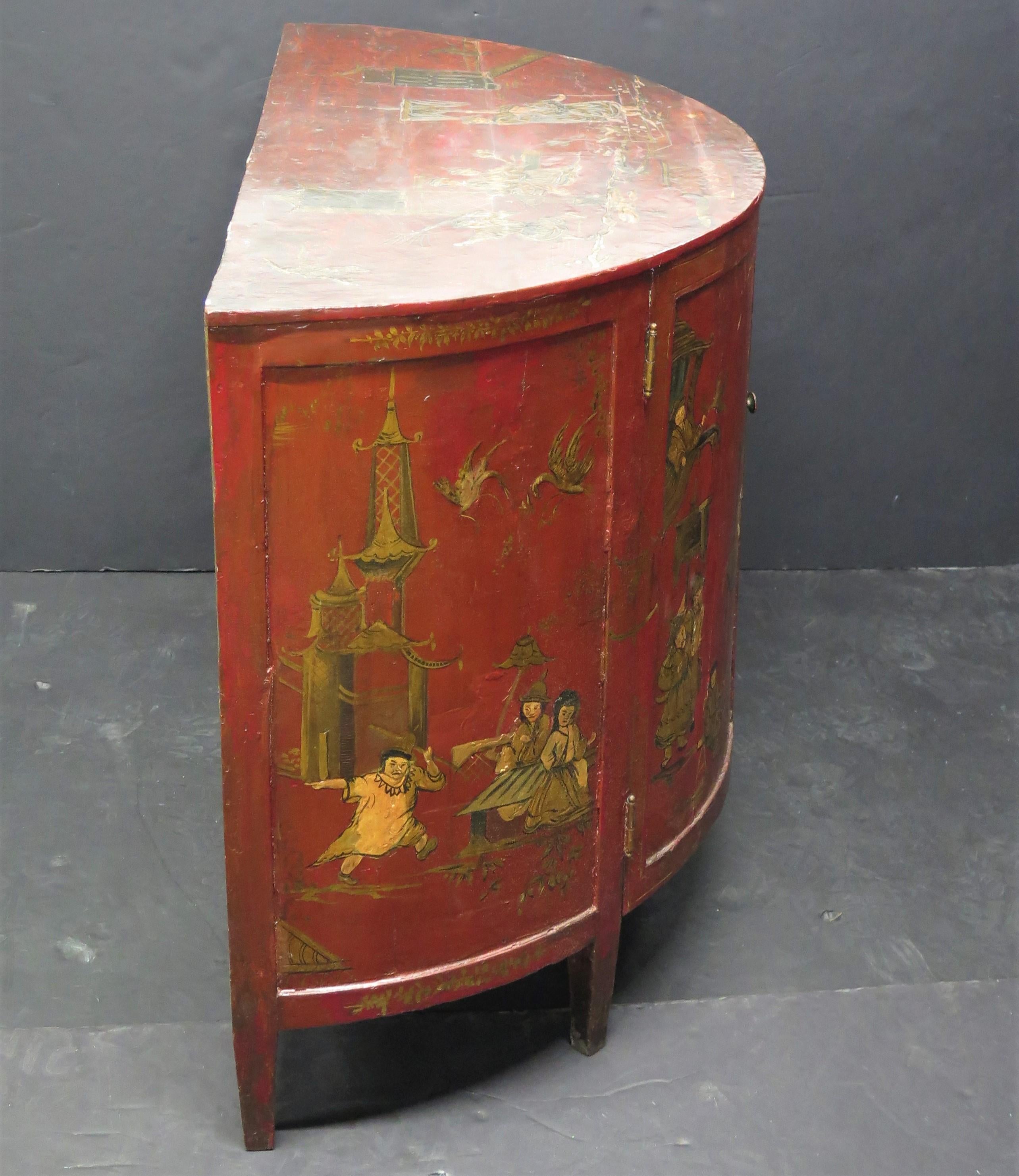 Lacquered George III Chinoiserie Red Laquered Demilune Cabinet For Sale