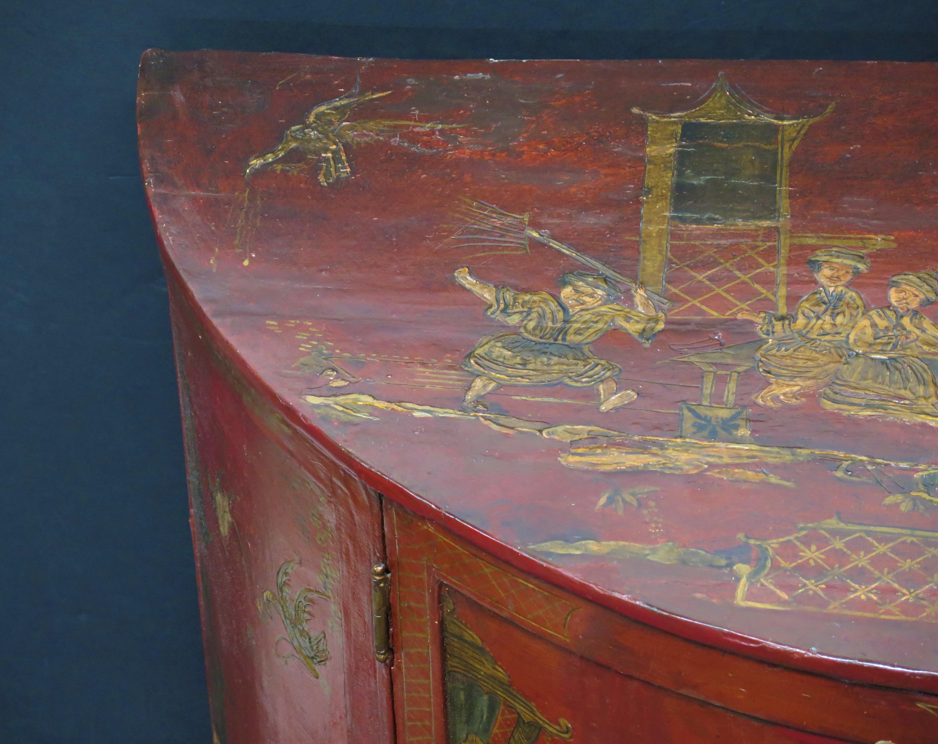 18th Century George III Chinoiserie Red Laquered Demilune Cabinet For Sale