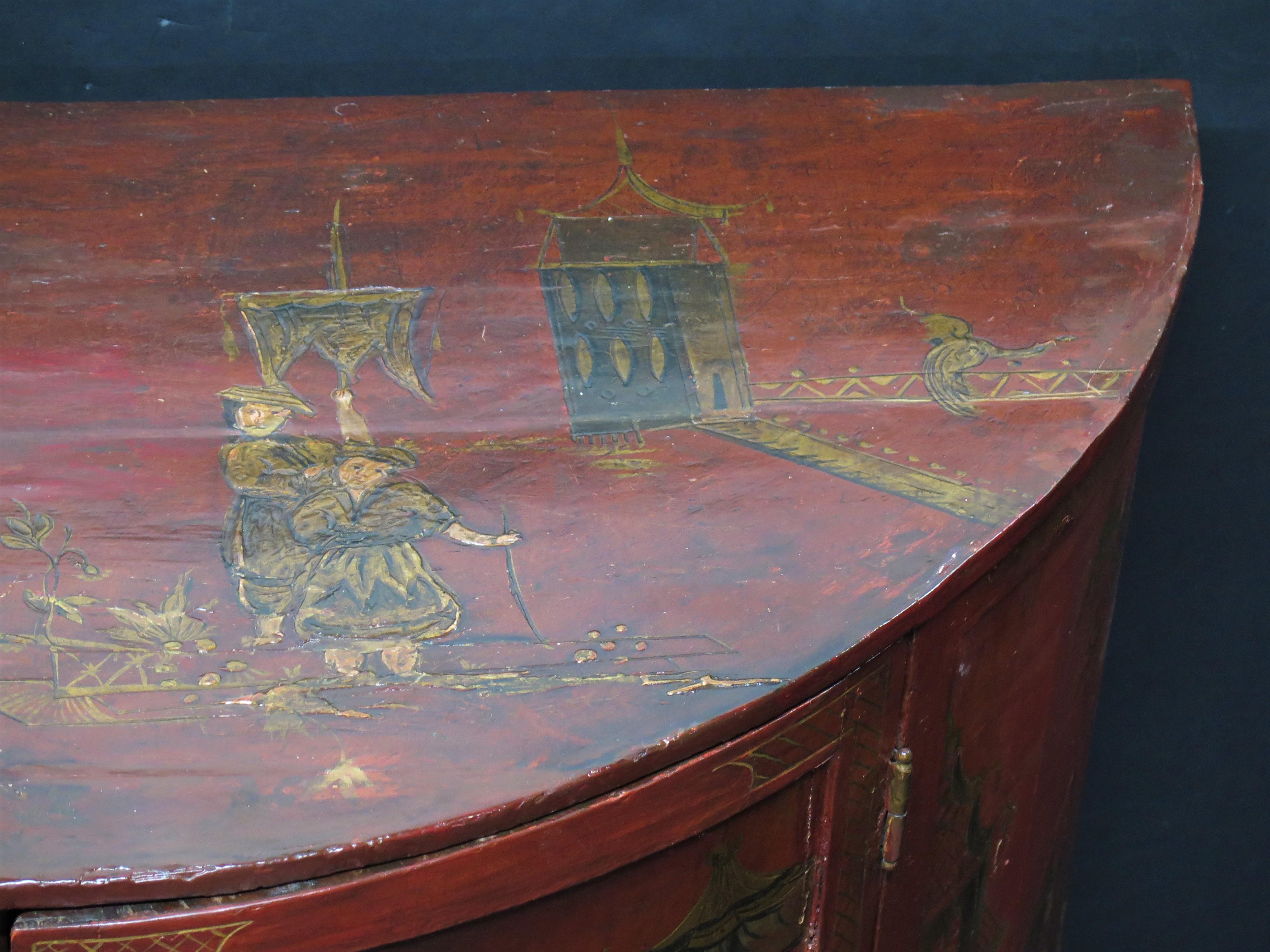 Hardwood George III Chinoiserie Red Laquered Demilune Cabinet For Sale