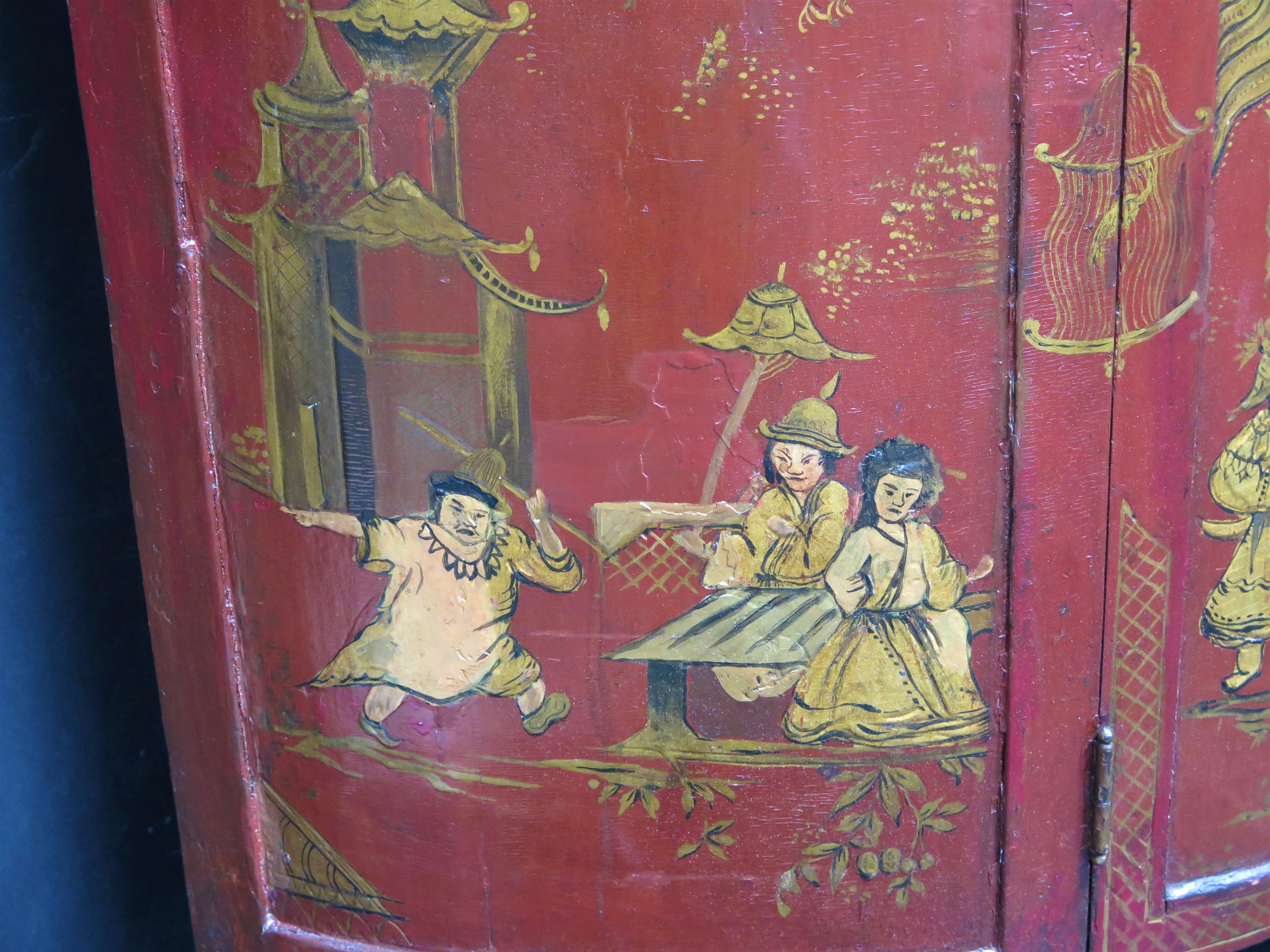 George III Chinoiserie Red Laquered Demilune Cabinet For Sale 2