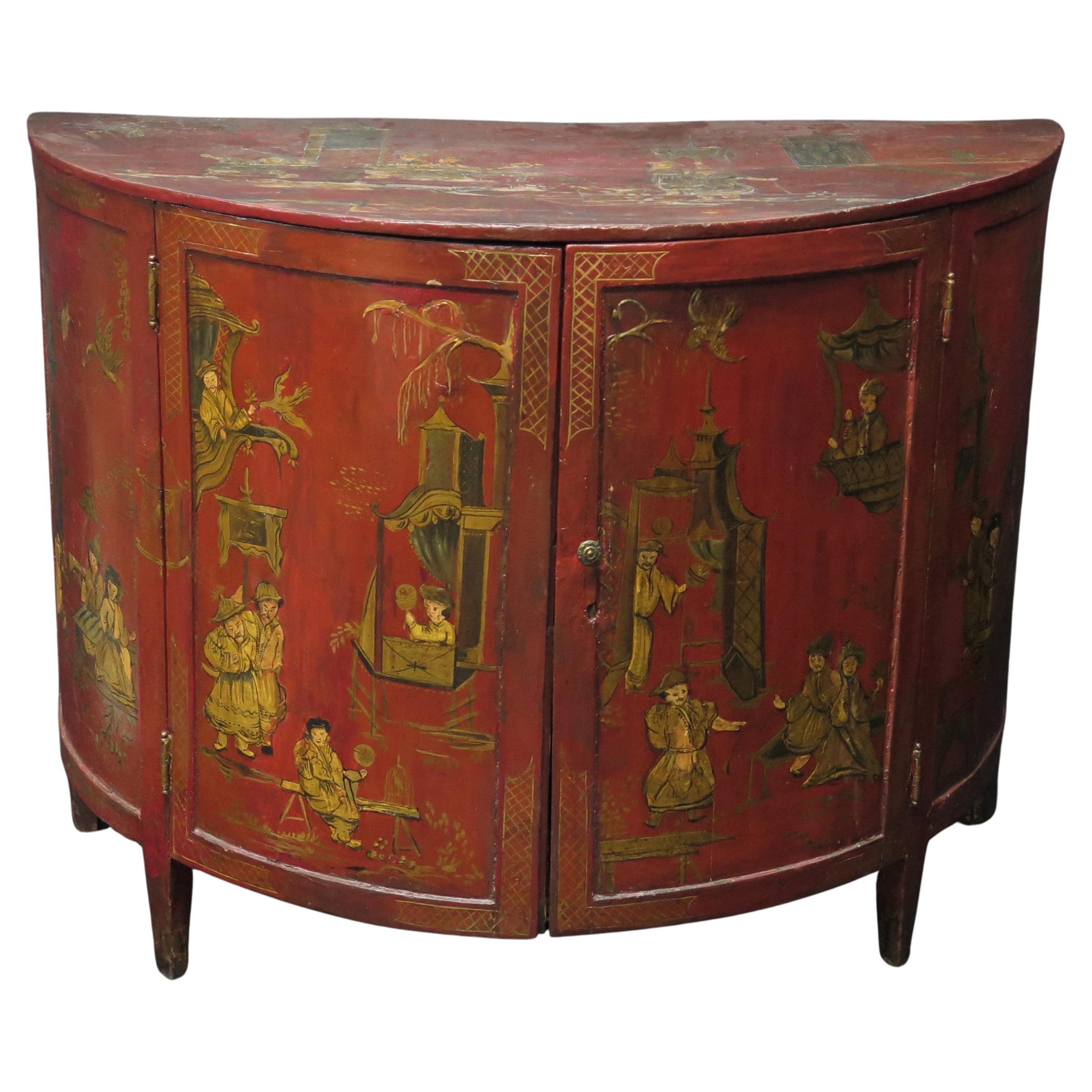 George III Chinoiserie Red Laquered Demilune Cabinet For Sale