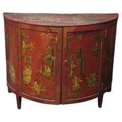Antique George III Chinoiserie Red Laquered Demilune Cabinet