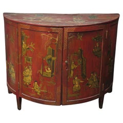 George III Chinoiserie Red Laquered Demilune Cabinet