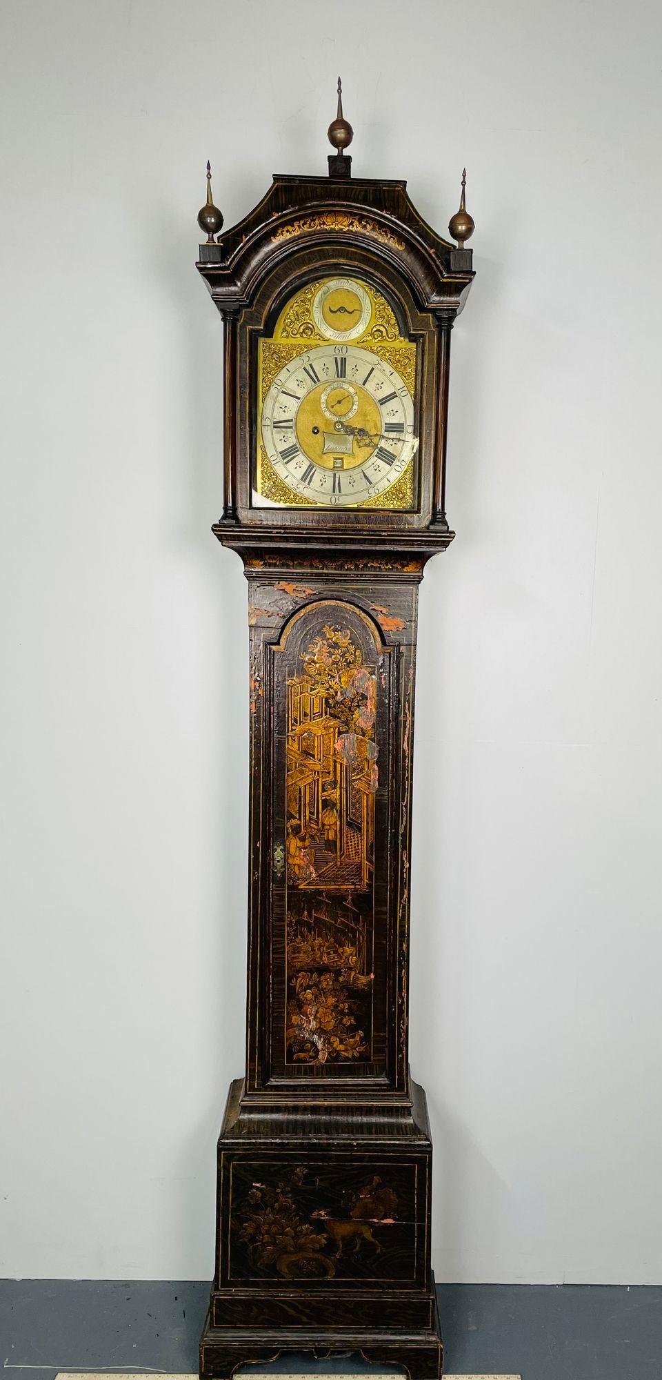 George III Chinoiserie Tall case clock, Grandfather Clock, Faux Bois, 18th Century,

Finest Chinoiserie Tall Case Clock. Stunning 18th Century pedimented bonnet top with finials. Arched door revealing a steel and steel brass face signed 'Fran.