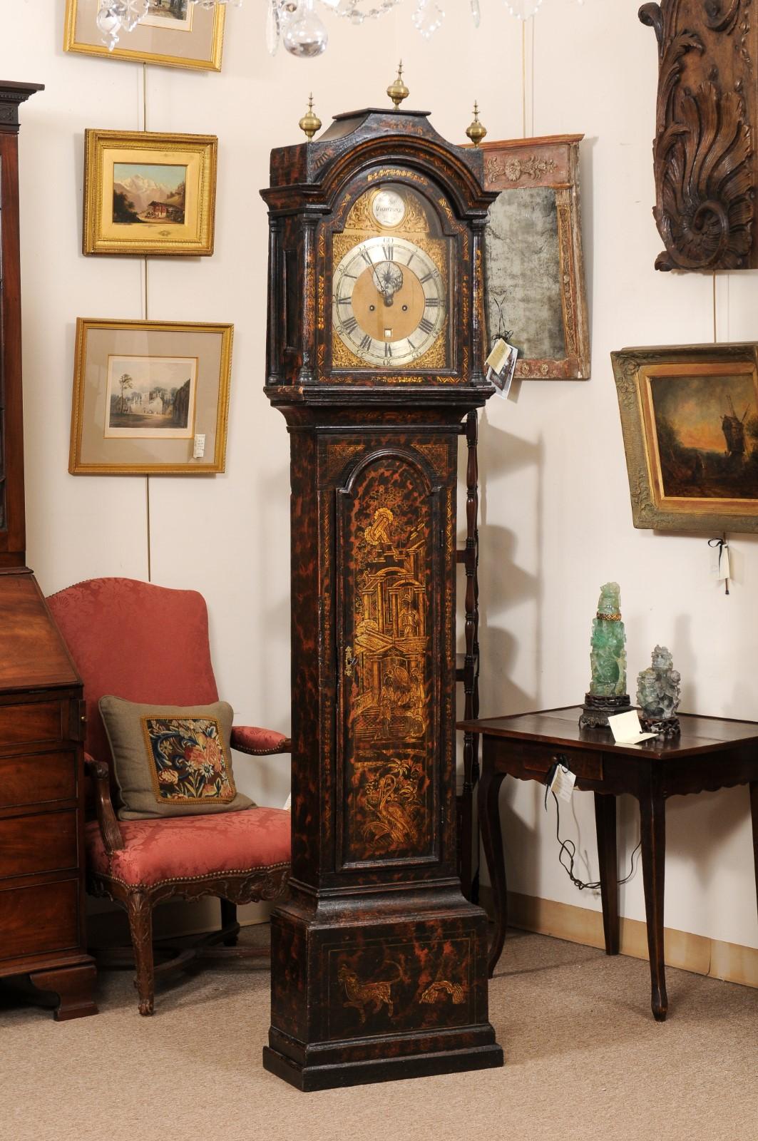  George III Chinoserie Lacquered Tallcase Clock with Faux Tortoiseshell Design For Sale 4