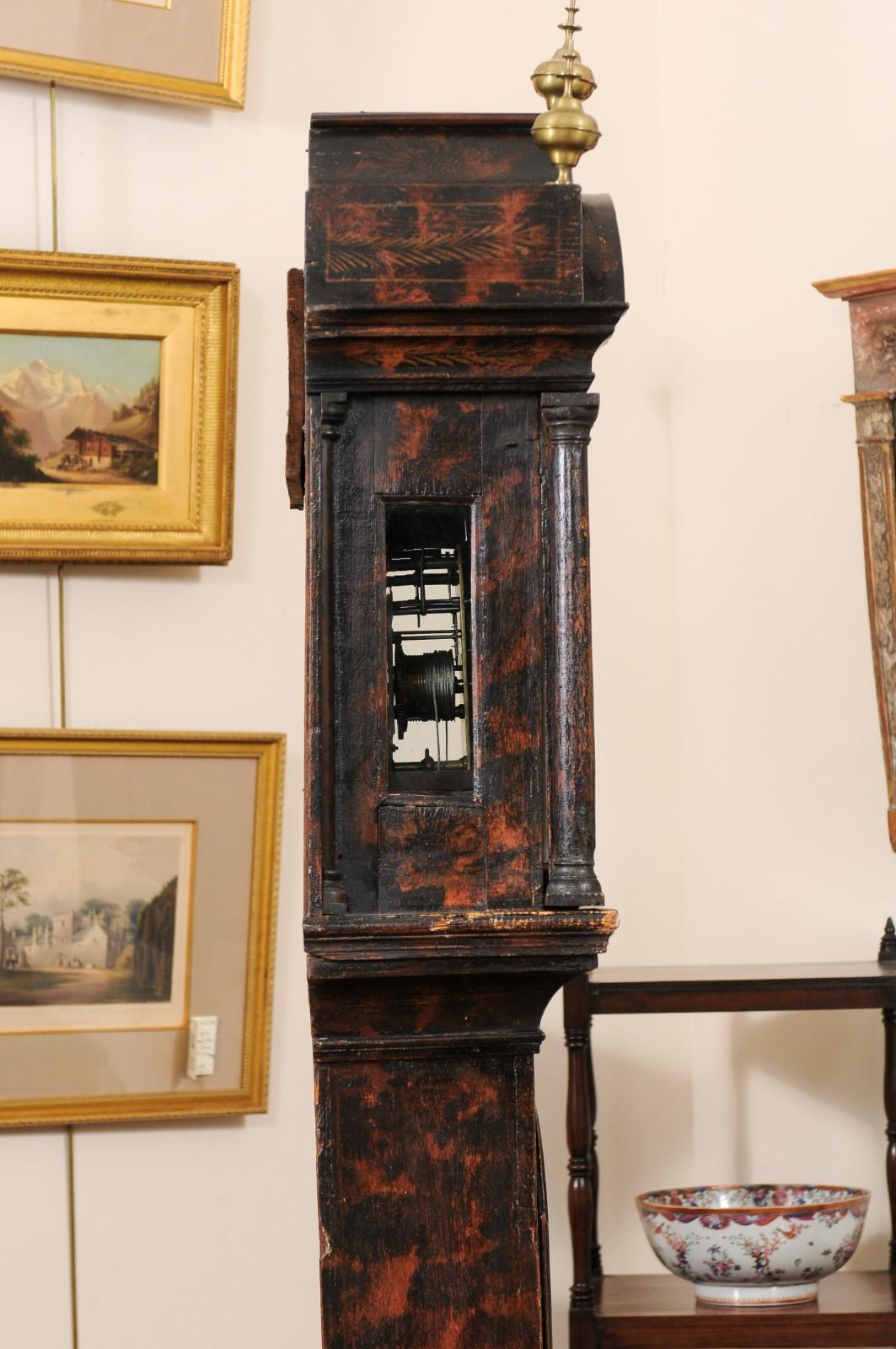  George III Chinoserie Lacquered Tallcase Clock with Faux Tortoiseshell Design For Sale 6