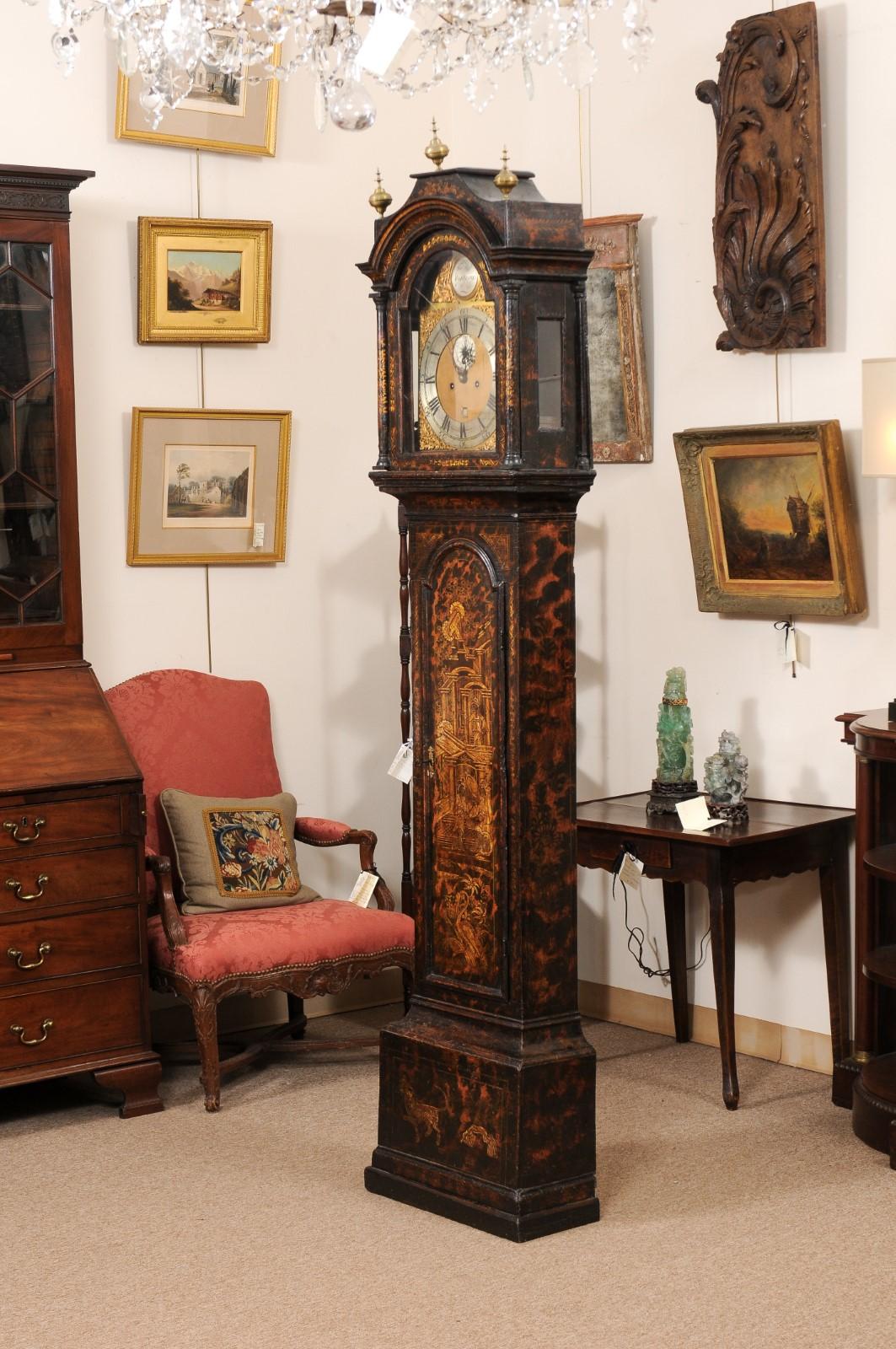  George III Chinoserie Lacquered Tallcase Clock with Faux Tortoiseshell Design For Sale 11
